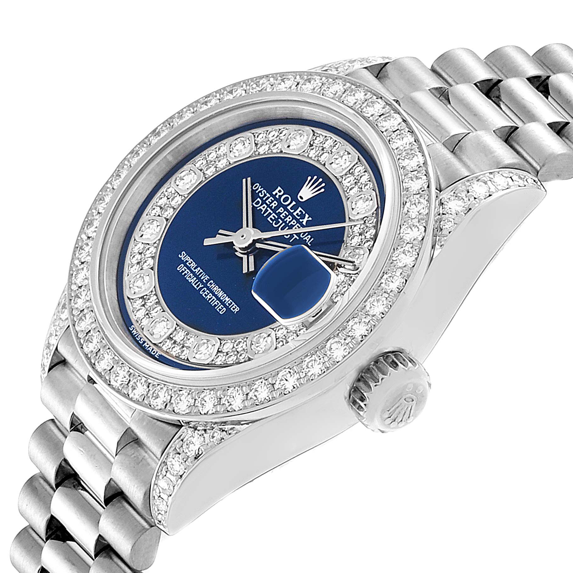 The image shows a Rolex President 79159 Women
s White Gold Champagne Dial 79159 Women
s White Gold Champagne Dial model watch from an angled top-down view, highlighting its blue dial, bezel, and bracelet.
