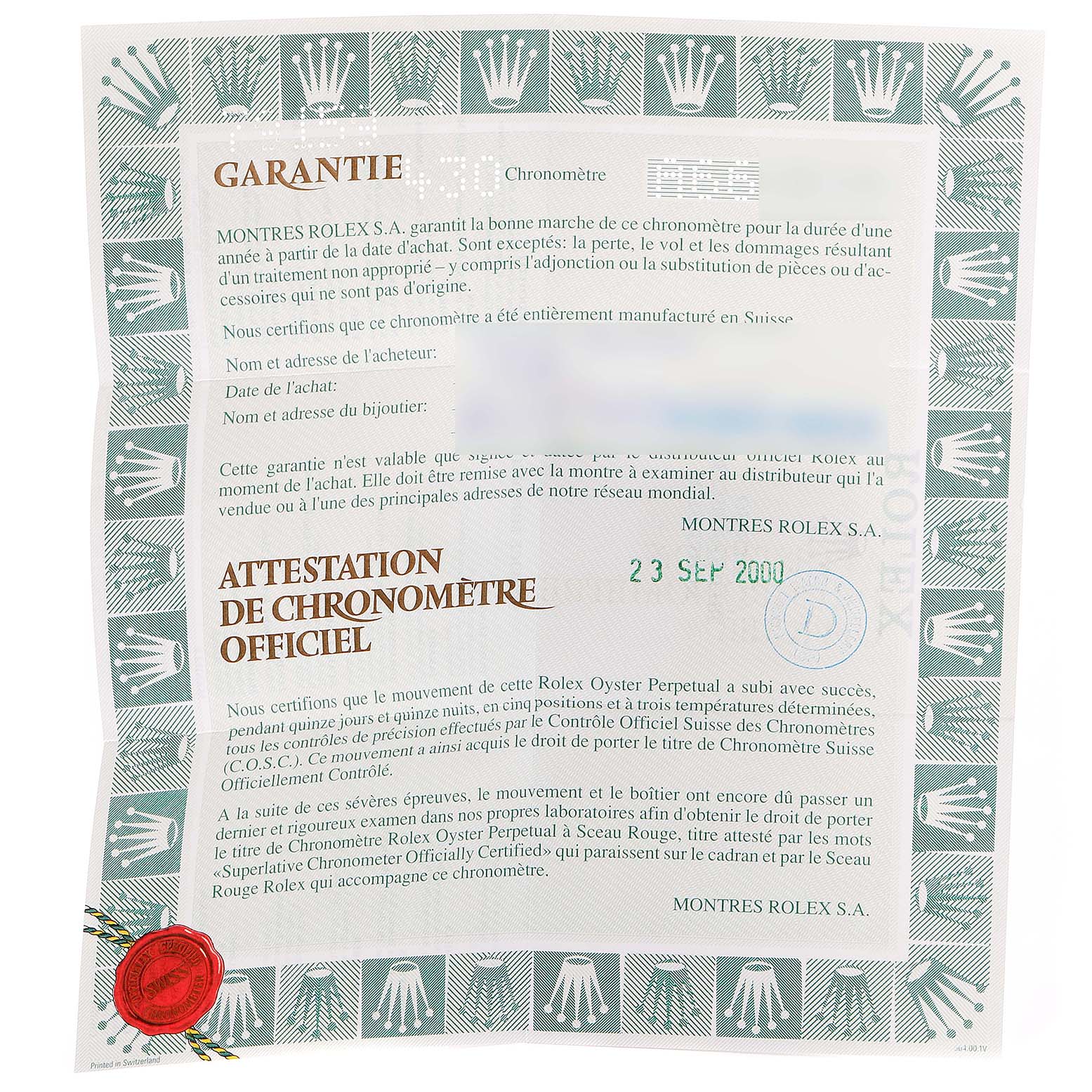 The image shows a warranty card and official chronometer certification for a Rolex President 79159 Women
s White Gold Champagne Dial 79159 Women
s White Gold Champagne Dial model watch.