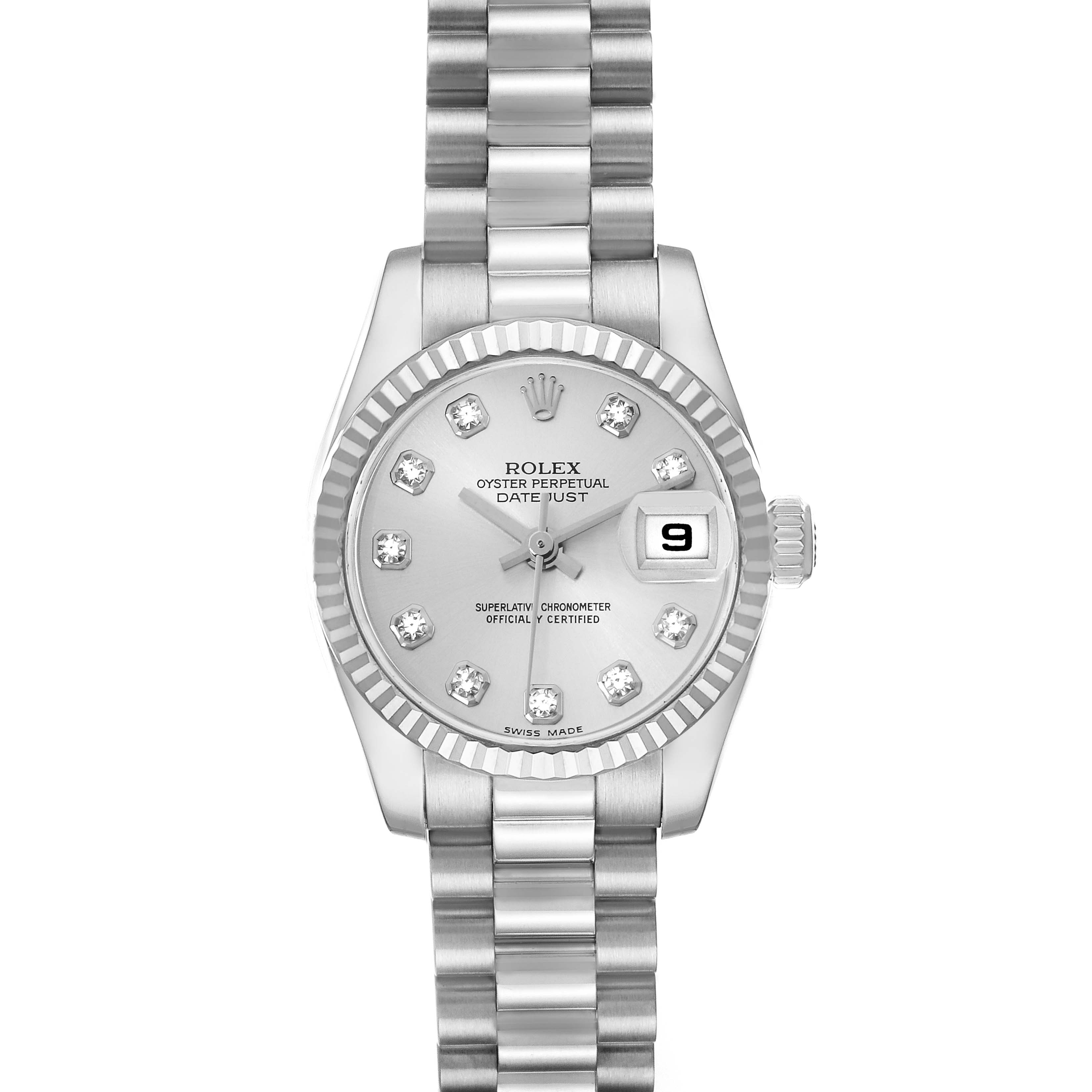 The image shows a front view of the Rolex President 179179 Women
s White Gold Silver Dial model, highlighting the dial, bezel, bracelet, and date window.