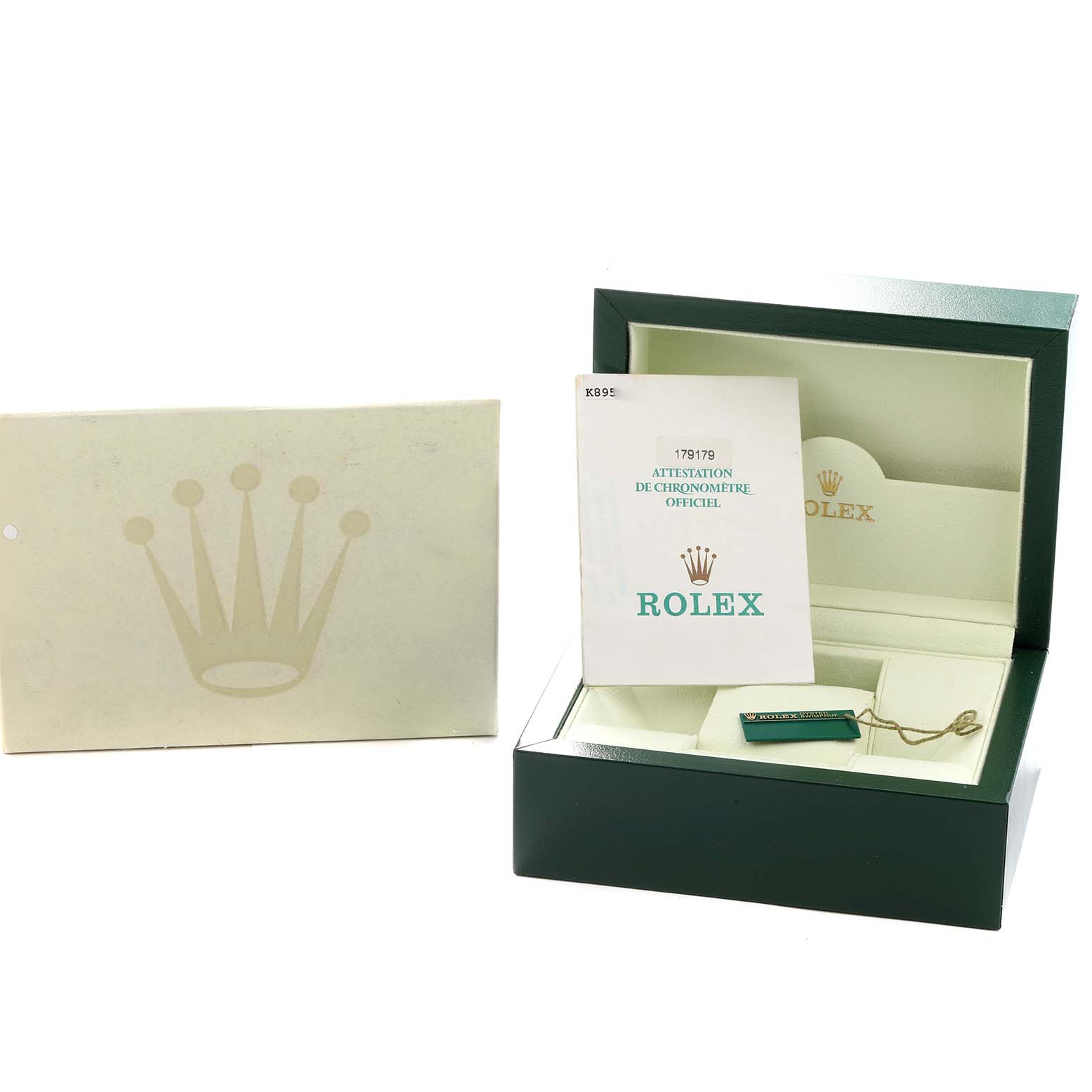 The image shows a Rolex President 179179 Women
s White Gold Silver Dial watch box, card, tag, and booklet from a slight top angle.