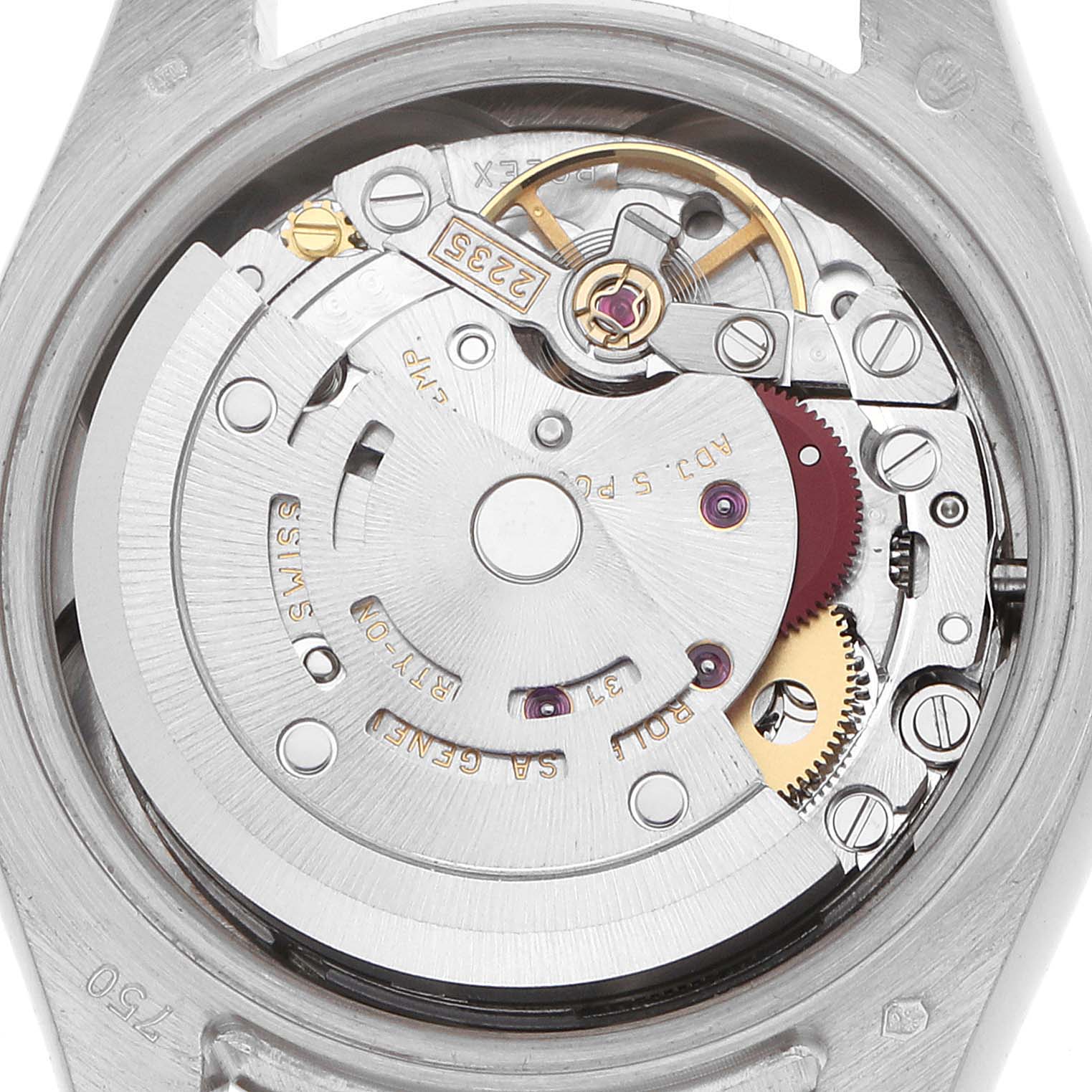 The image shows the Rolex President 179179 Women
s White Gold Silver Dial watch movement from a top-down angle, highlighting the inner mechanical components and rotor.