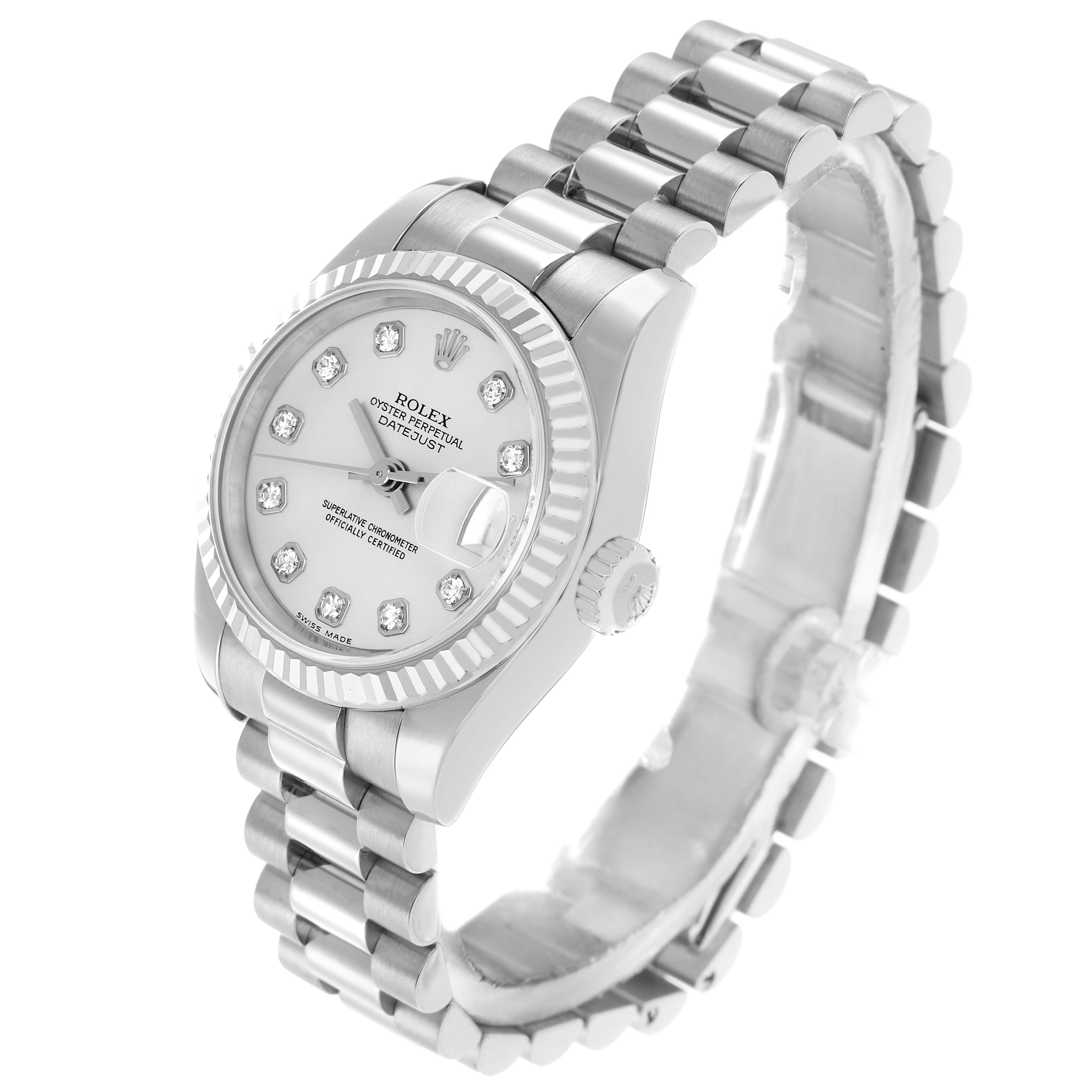 The Rolex President 179179 Women
s White Gold Silver Dial model is shown at a three-quarter angle, highlighting the bracelet, crown, and face with a date display.