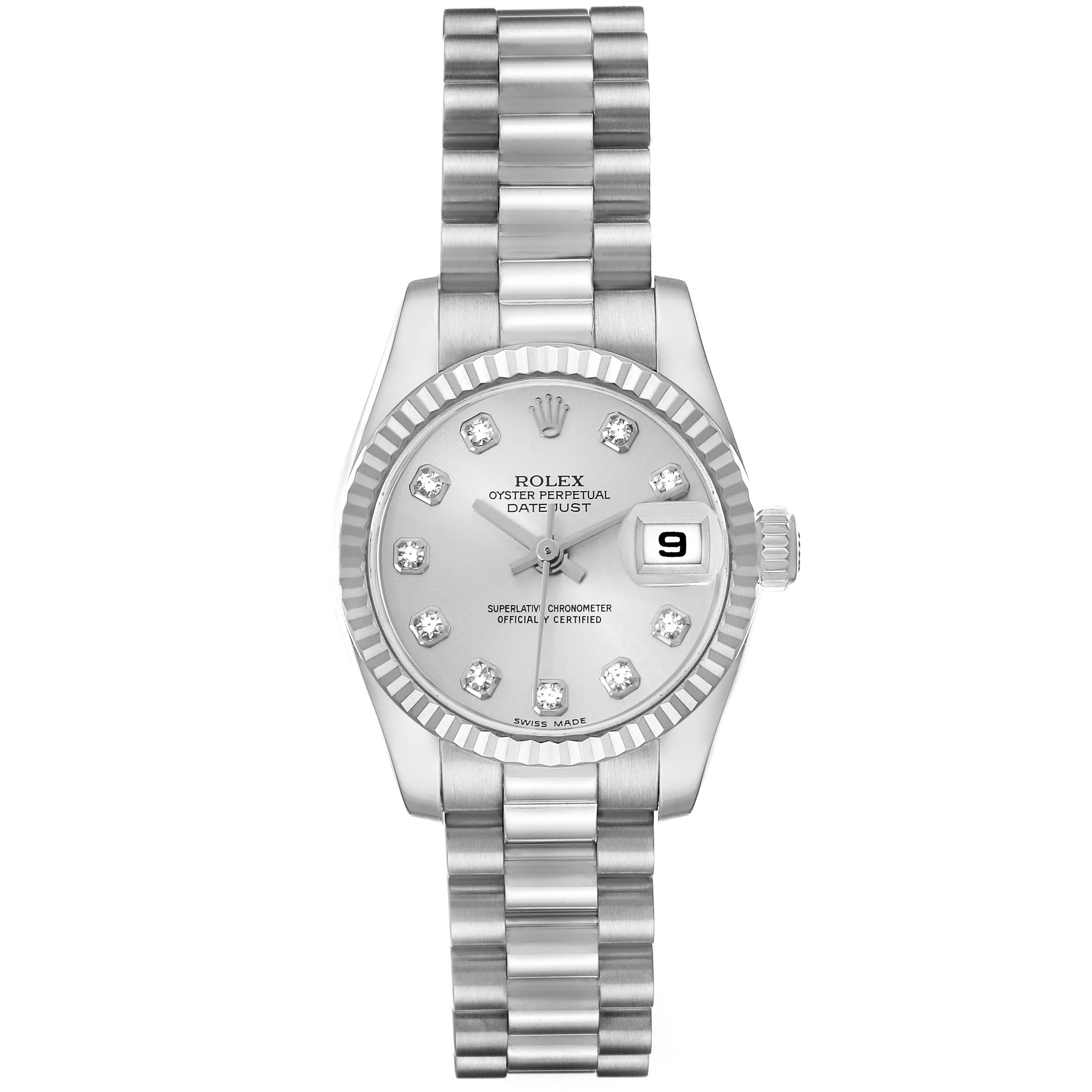 The Rolex President 179179 Women
s White Gold Silver Dial model is shown from a top-down angle, displaying its face, bezel, and bracelet clearly.