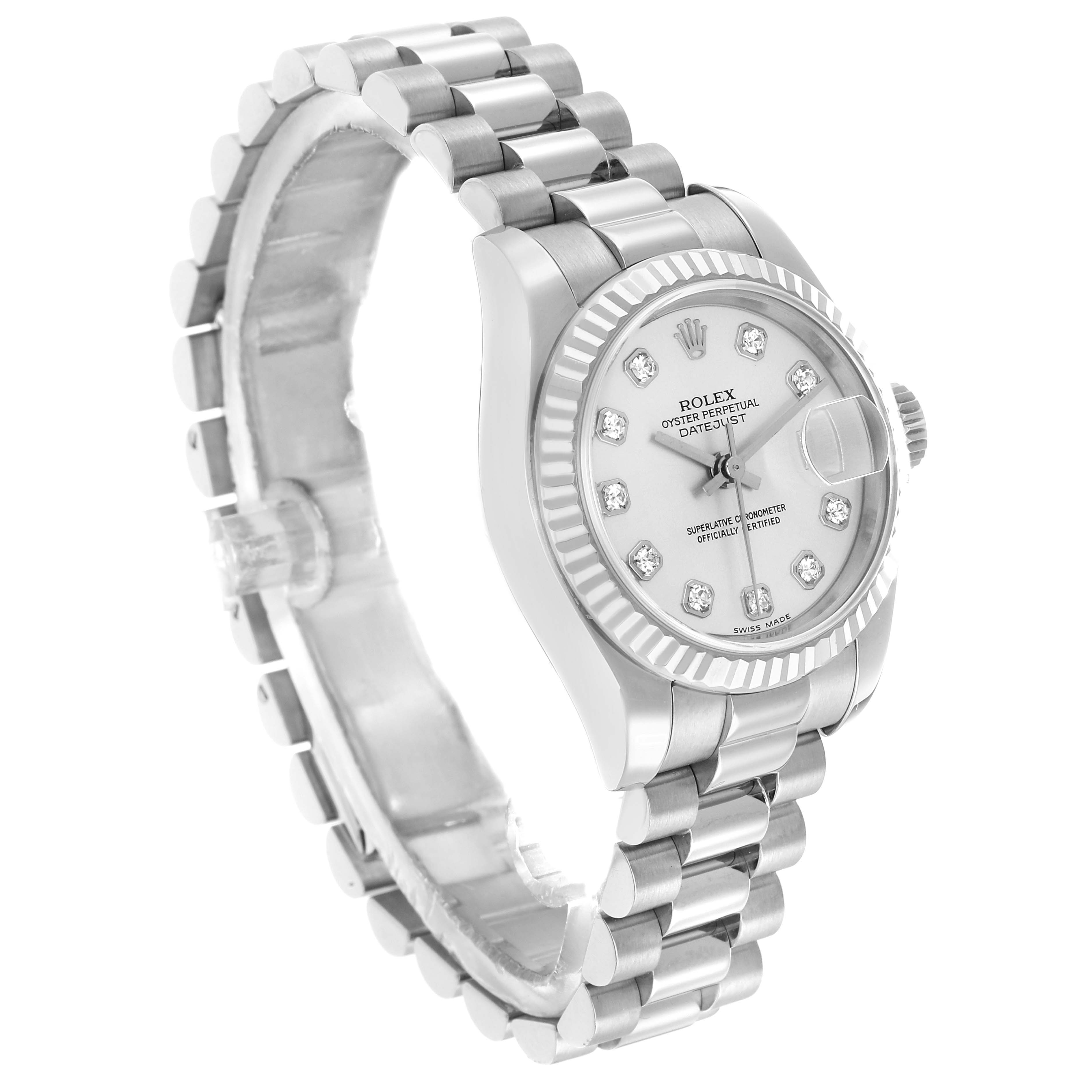 The Rolex President 179179 Women
s White Gold Silver Dial watch is shown at an angle highlighting the face, bezel, bracelet, and crown.