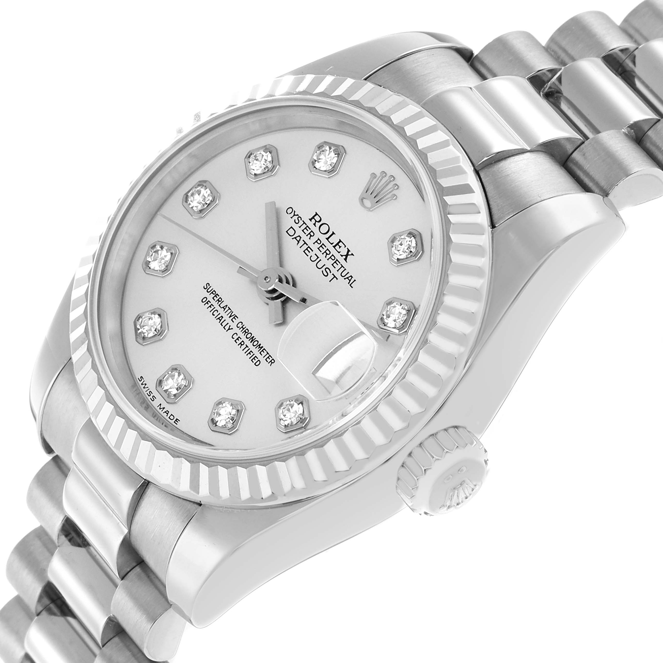 The Rolex President 179179 Women
s White Gold Silver Dial model watch is shown from a side angle, highlighting its fluted bezel, crown, and diamond hour markers on the face.