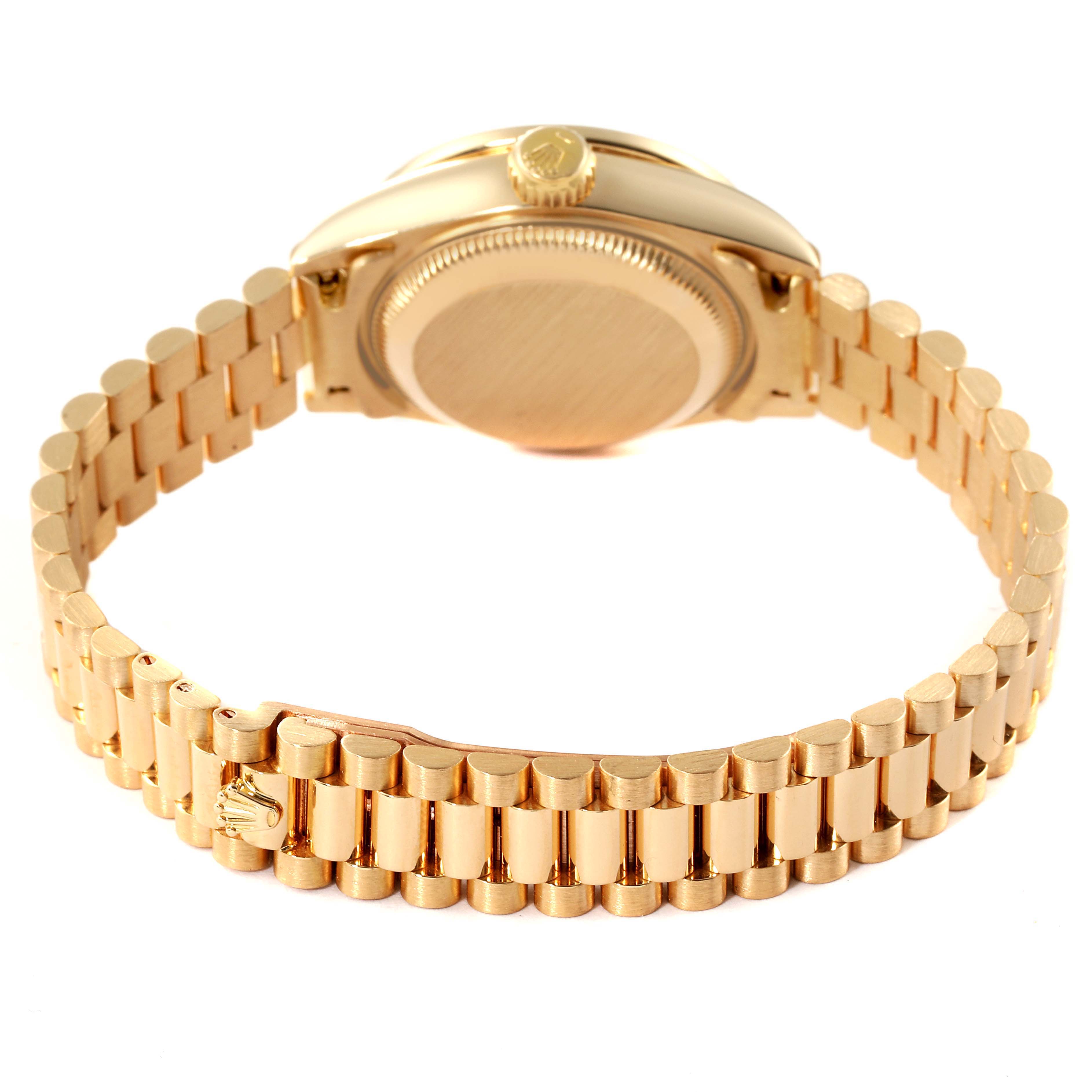 The image shows the back and sides of the Rolex President 69158 Women's Yellow Gold Mother of Pearl Dial 69158 Women's Yellow Gold Mother of Pearl Dial model watch, highlighting the bracelet and clasp.