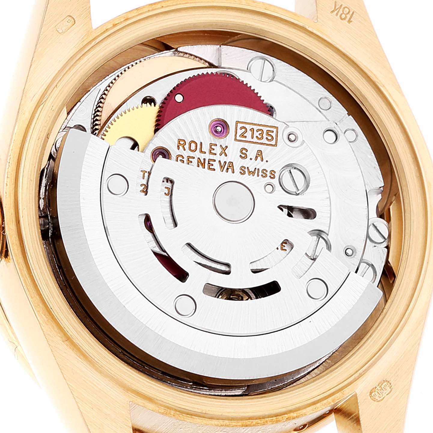 This image shows the internal mechanical movement of a Rolex President 69158 Women's Yellow Gold Mother of Pearl Dial 69158 Women's Yellow Gold Mother of Pearl Dial model watch, viewed from the back.
