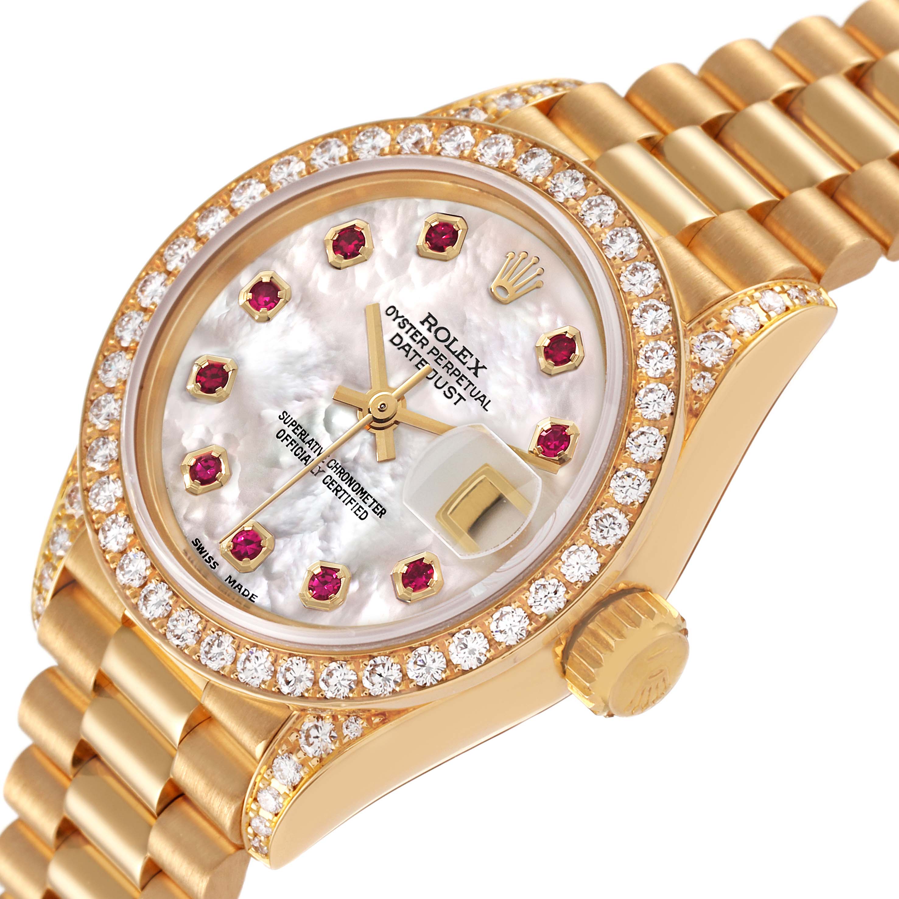 This image shows the face and band of a Rolex President 69158 Women's Yellow Gold Mother of Pearl Dial 69158 Women's Yellow Gold Mother of Pearl Dial model watch, with a focus on its dial and diamond bezel.