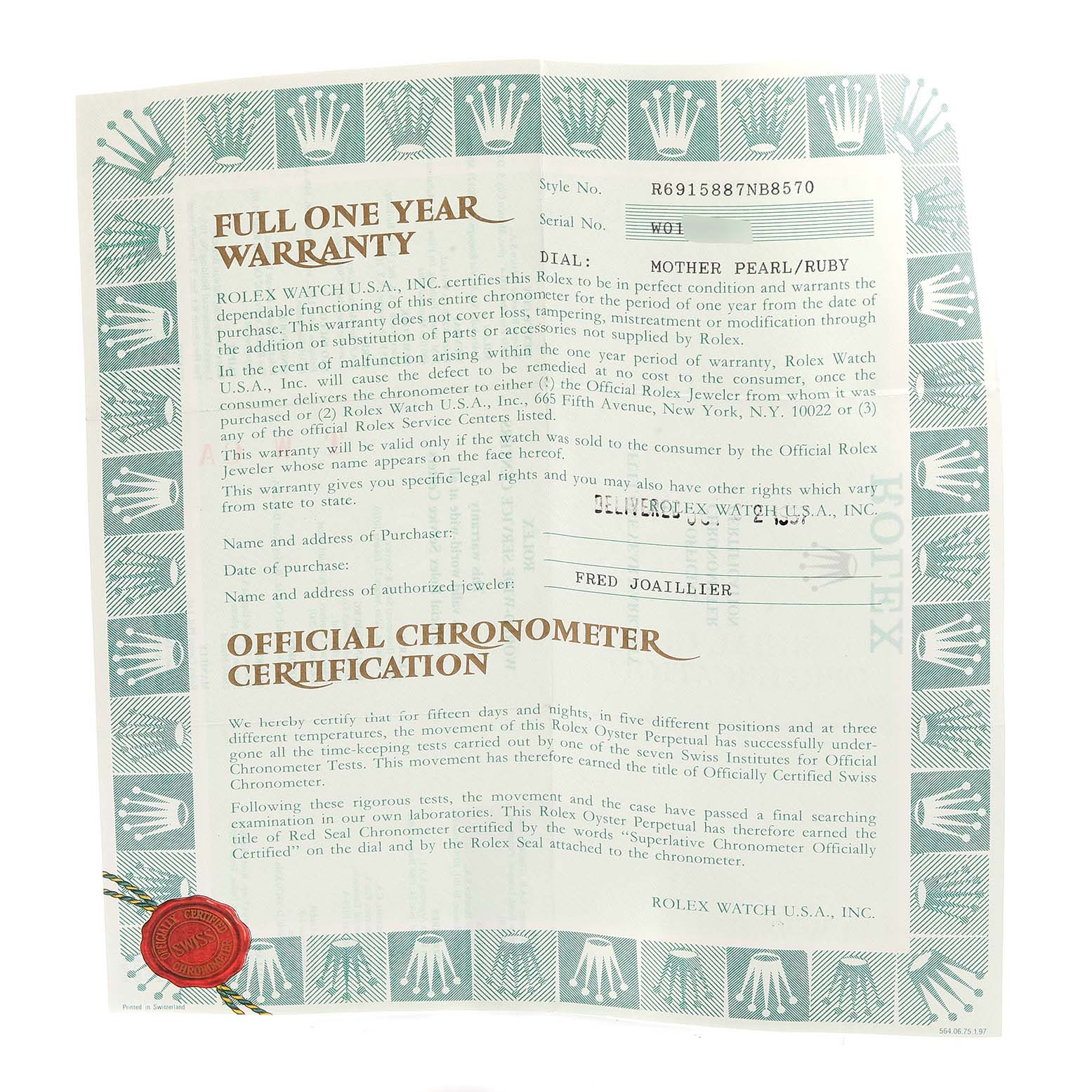 The image shows a flat, front angle of the full one-year warranty certificate for the Rolex President 69158 Women's Yellow Gold Mother of Pearl Dial 69158 Women's Yellow Gold Mother of Pearl Dial model watch.