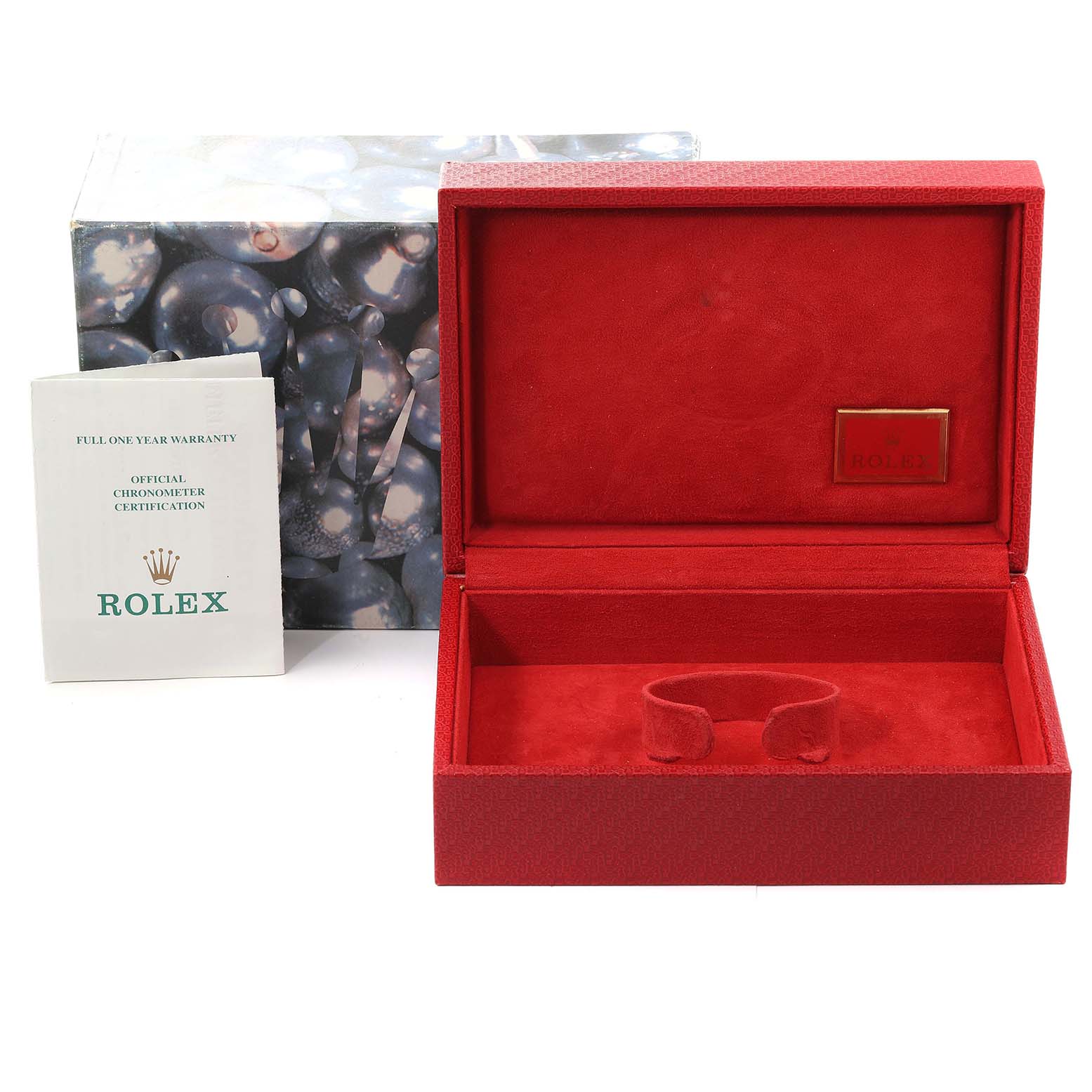 This image shows an open red box, outer packaging, and documentation for the Rolex President 69158 Women's Yellow Gold Mother of Pearl Dial 69158 Women's Yellow Gold Mother of Pearl Dial model.