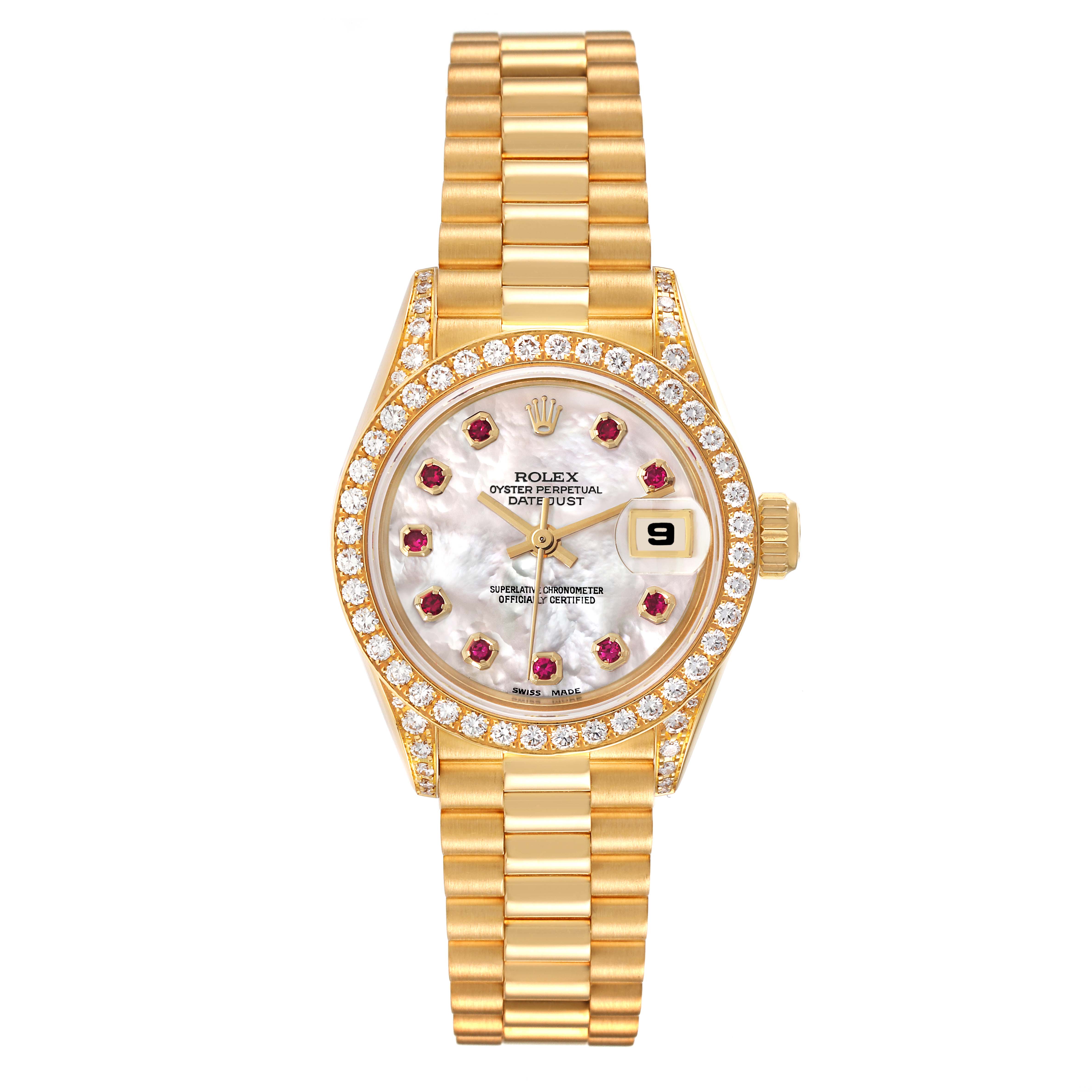 This image shows the front view of a Rolex President 69158 Women's Yellow Gold Mother of Pearl Dial 69158 Women's Yellow Gold Mother of Pearl Dial model watch, highlighting its face, bezel, and bracelet.