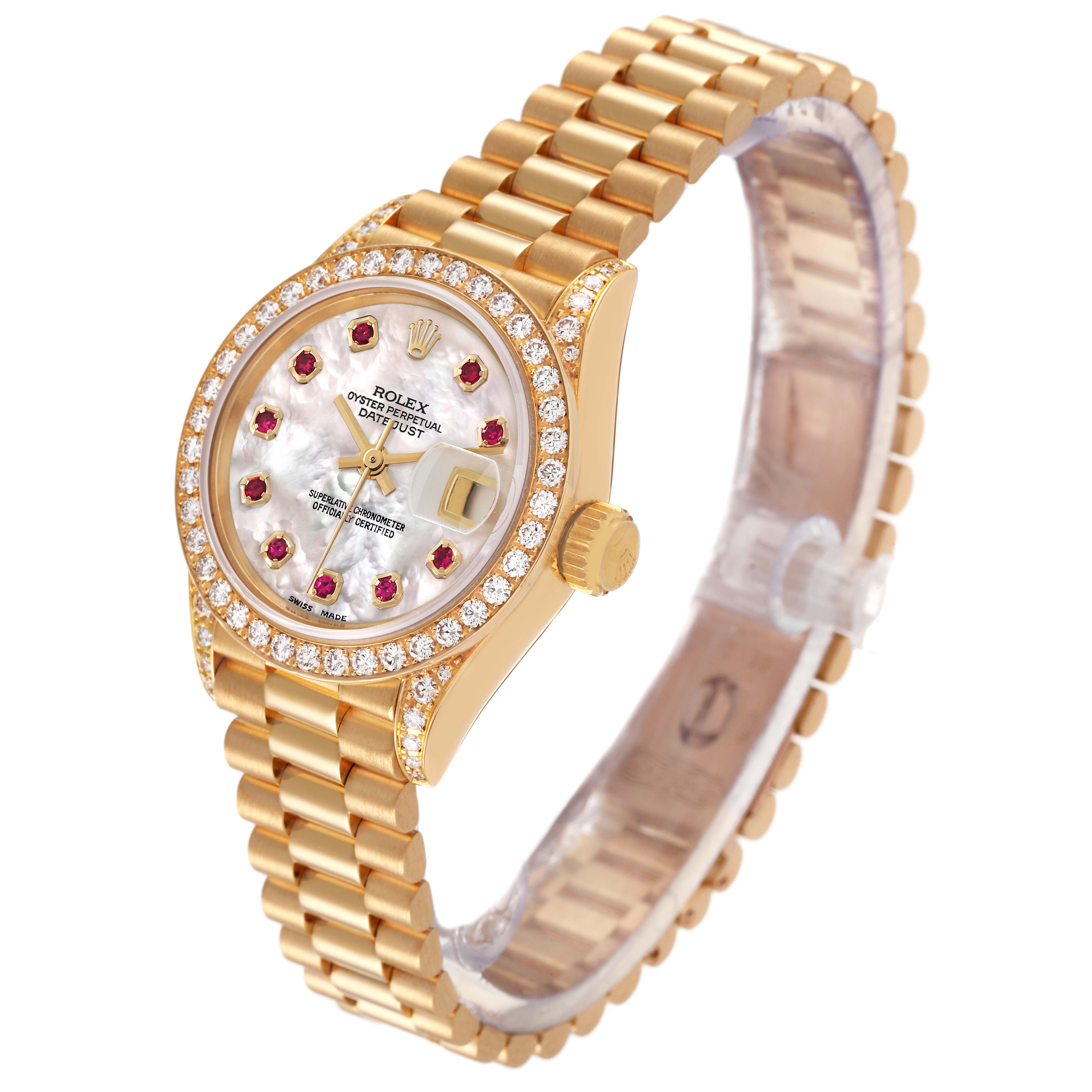 The Rolex President 69158 Women's Yellow Gold Mother of Pearl Dial 69158 Women's Yellow Gold Mother of Pearl Dial model watch is shown from an angled side view, highlighting its face, bezel, and bracelet.