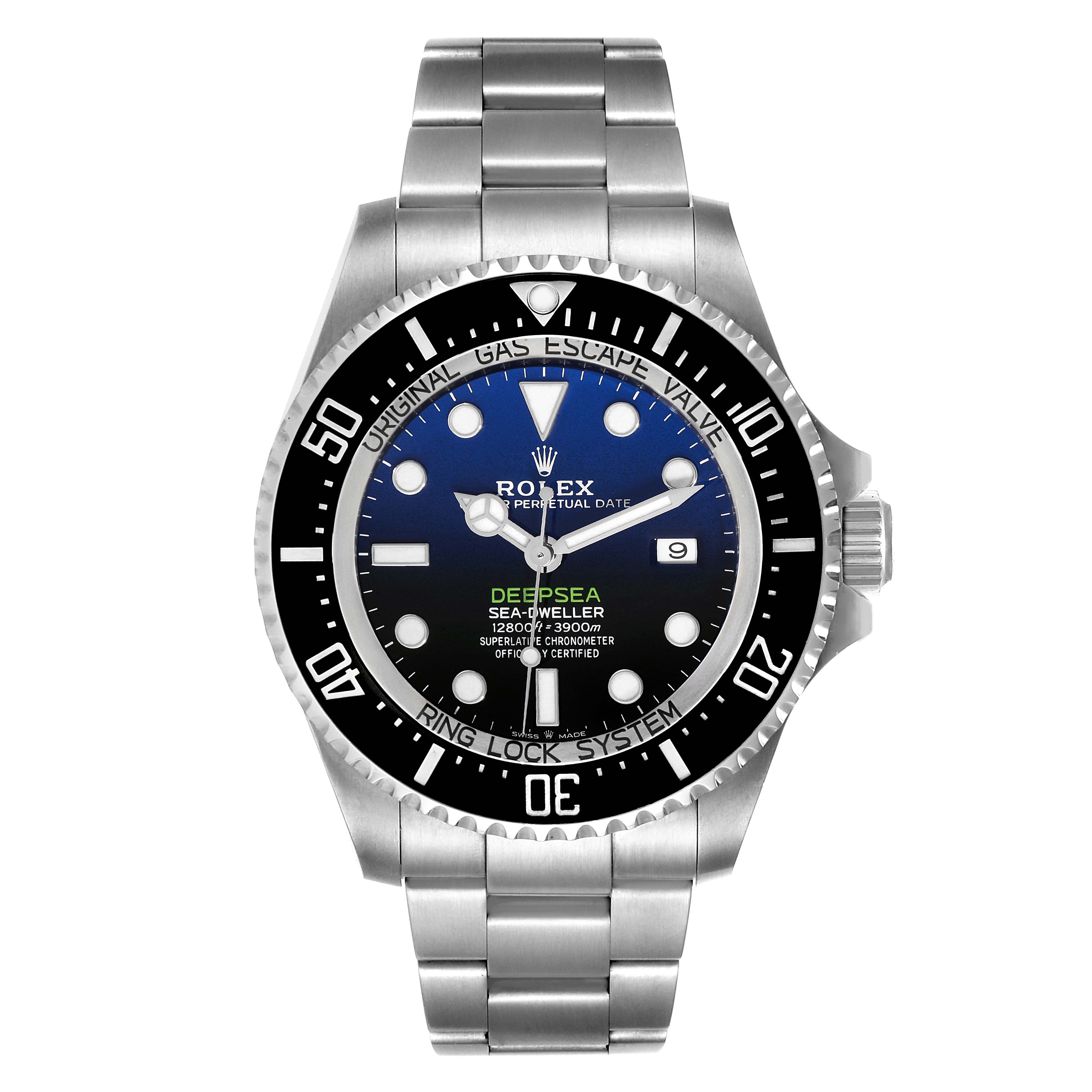 The image shows a front view of a Rolex Sea-Dweller 126660 Men
s Stainless Steel Blue Dial 126660 Men
s Stainless Steel Blue Dial Deepsea watch, featuring its dial, bezel, and bracelet.