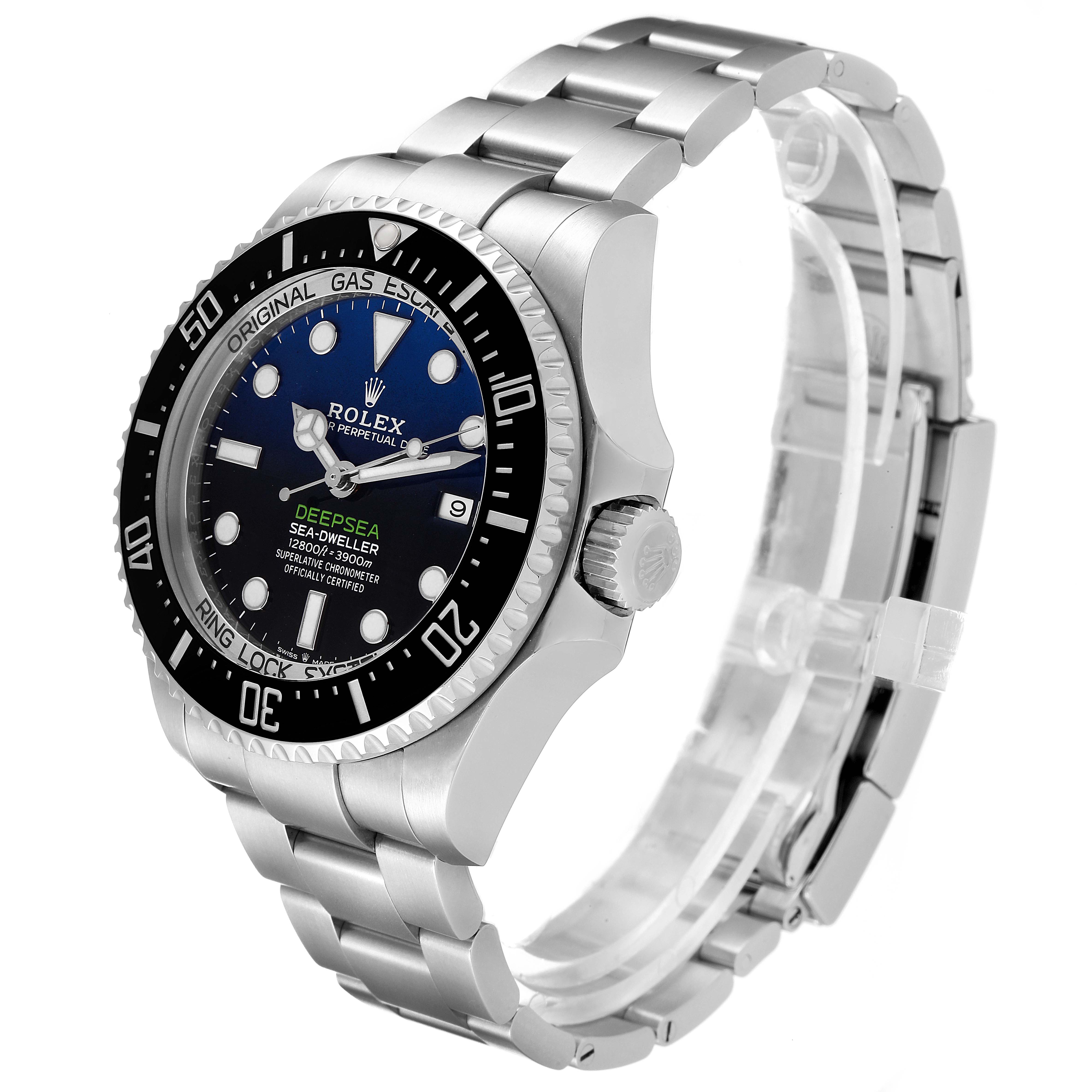 The image shows a side and front angle of a Rolex Sea-Dweller 126660 Men
s Stainless Steel Blue Dial 126660 Men
s Stainless Steel Blue Dial watch, highlighting its face, bezel, crown, and bracelet.