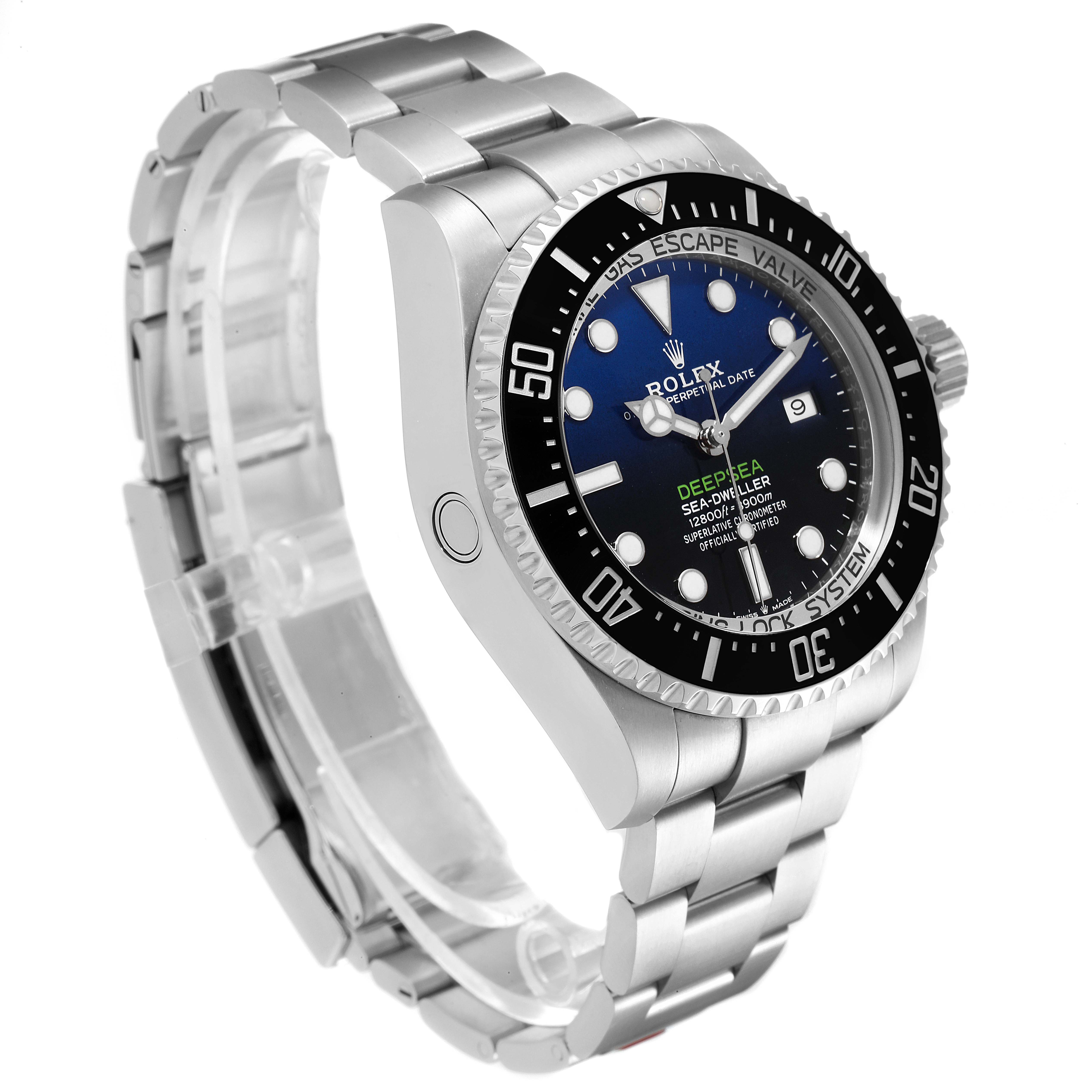 The image shows a side-angle view of a Rolex Sea-Dweller 126660 Men
s Stainless Steel Blue Dial 126660 Men
s Stainless Steel Blue Dial watch, highlighting the bracelet, dial, bezel, and crown.