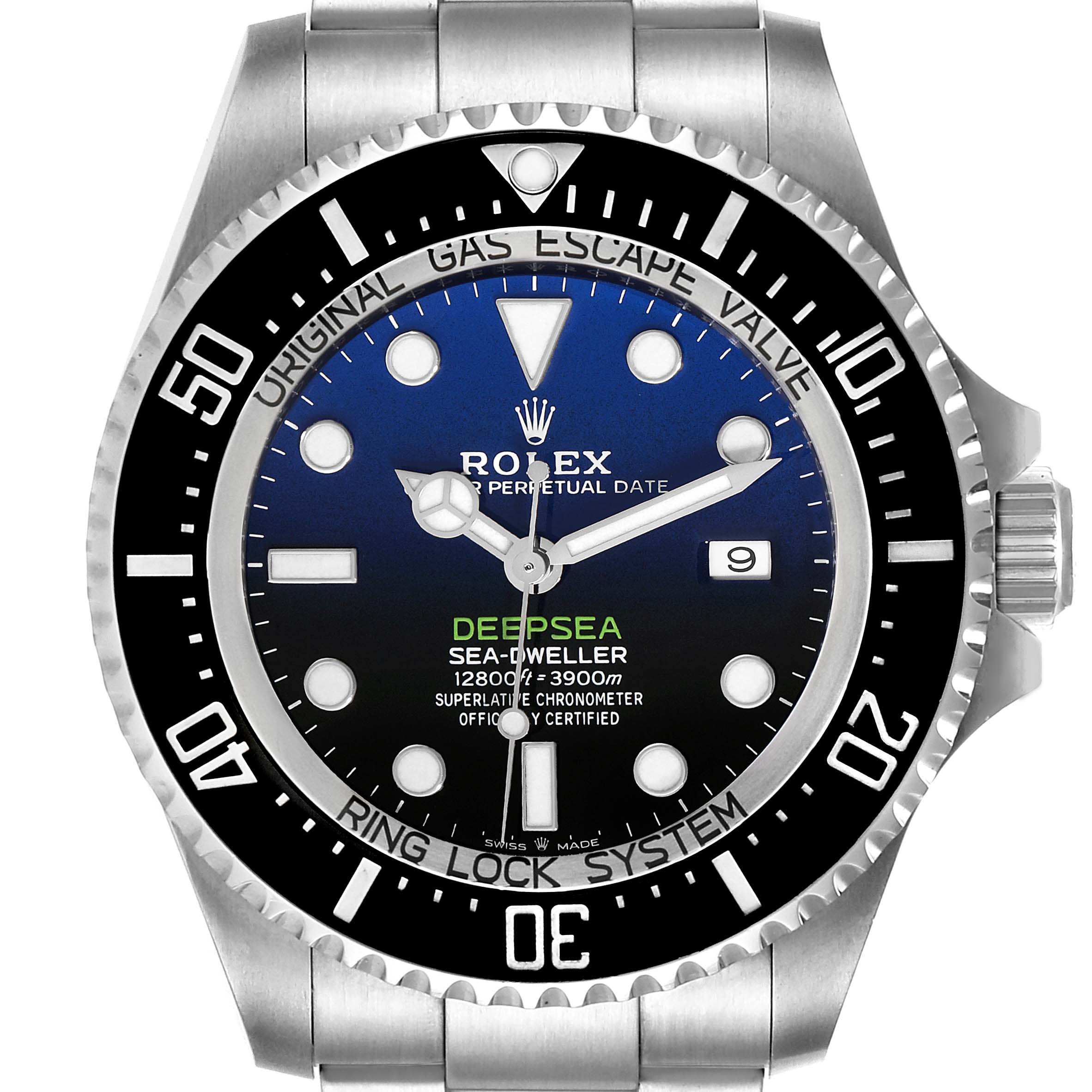 The image shows a front view of the Rolex Sea-Dweller 126660 Men
s Stainless Steel Blue Dial 126660 Men
s Stainless Steel Blue Dial Deepsea watch, highlighting the dial, bezel, and part of the bracelet.