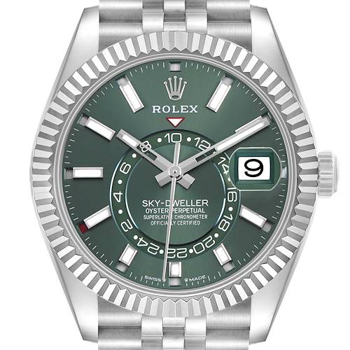 The Rolex Sky-Dweller 336934 Men's Stainless Steel Green Dial watch is shown from the front, highlighting its green dial, bezel, and bracelet.