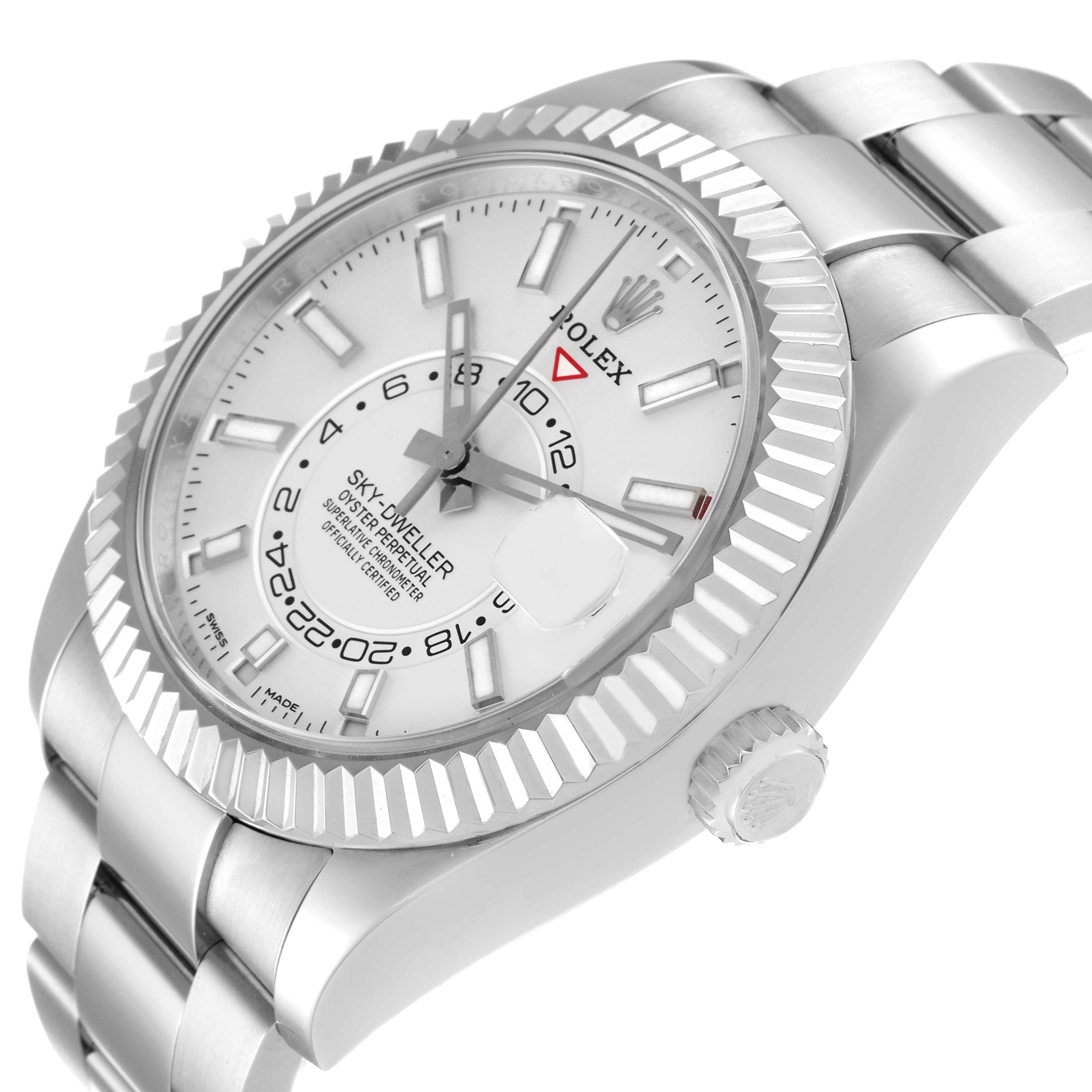 The Rolex Sky-Dweller 326934 Men's Stainless Steel White Dial 326934 Men's Stainless Steel White Dial watch is shown from a front angle, highlighting its face, bezel, crown, and bracelet.