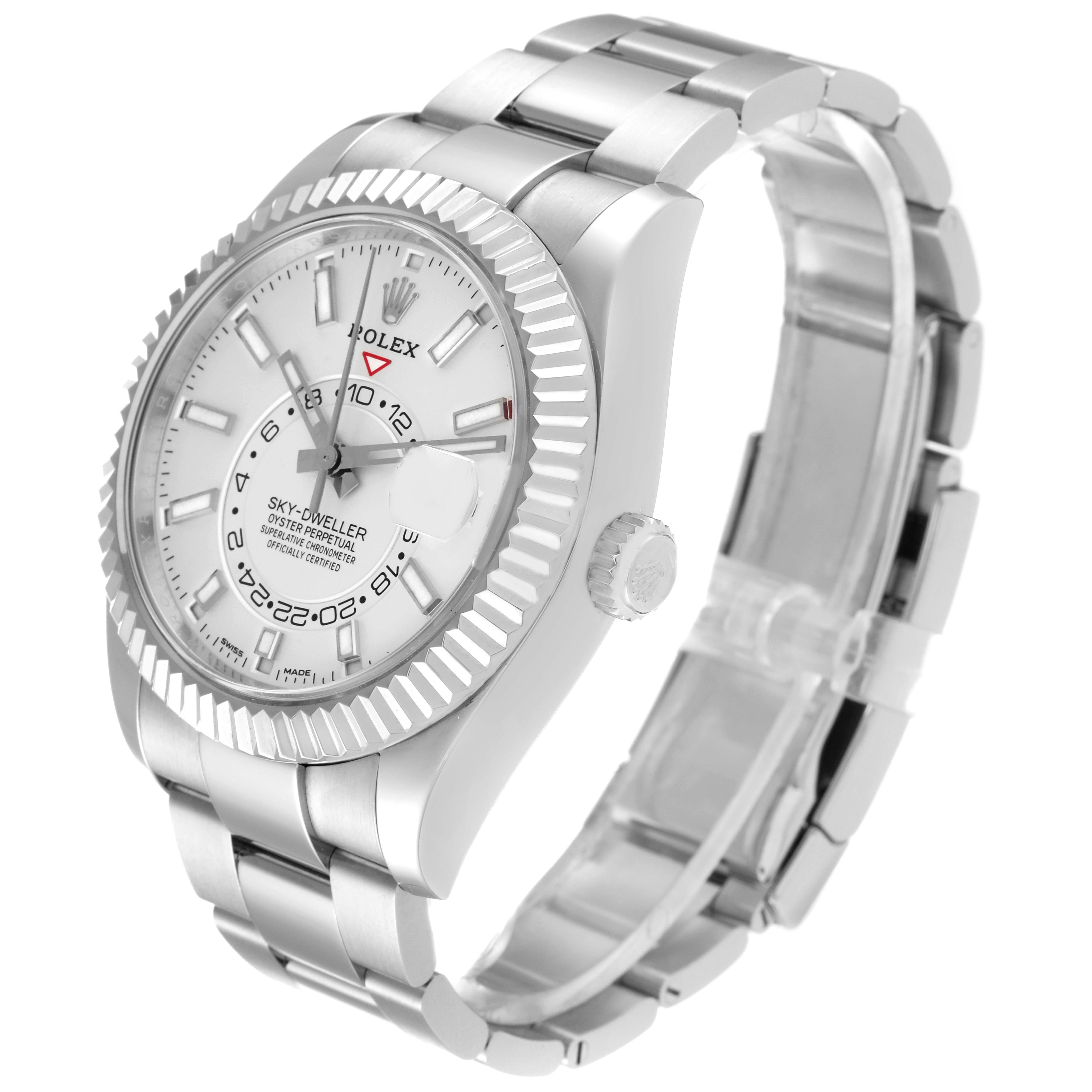 The Rolex Sky-Dweller 326934 Men's Stainless Steel White Dial 326934 Men's Stainless Steel White Dial watch is shown at a three-quarter angle, displaying the face, bezel, and part of the bracelet.