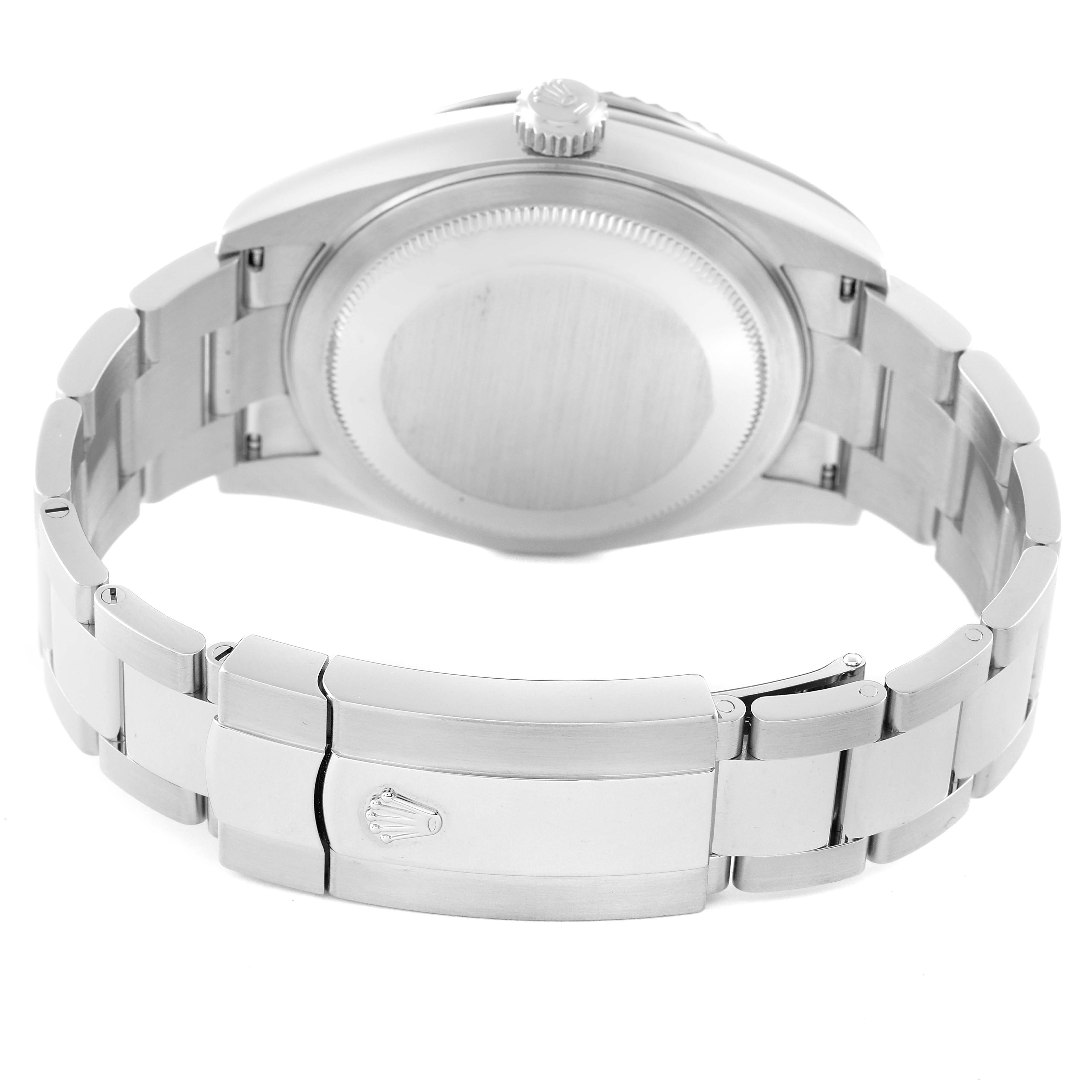 The image shows the backside and clasp of a Rolex Sky-Dweller 326934 Men's Stainless Steel White Dial 326934 Men's Stainless Steel White Dial watch at a rear angle.