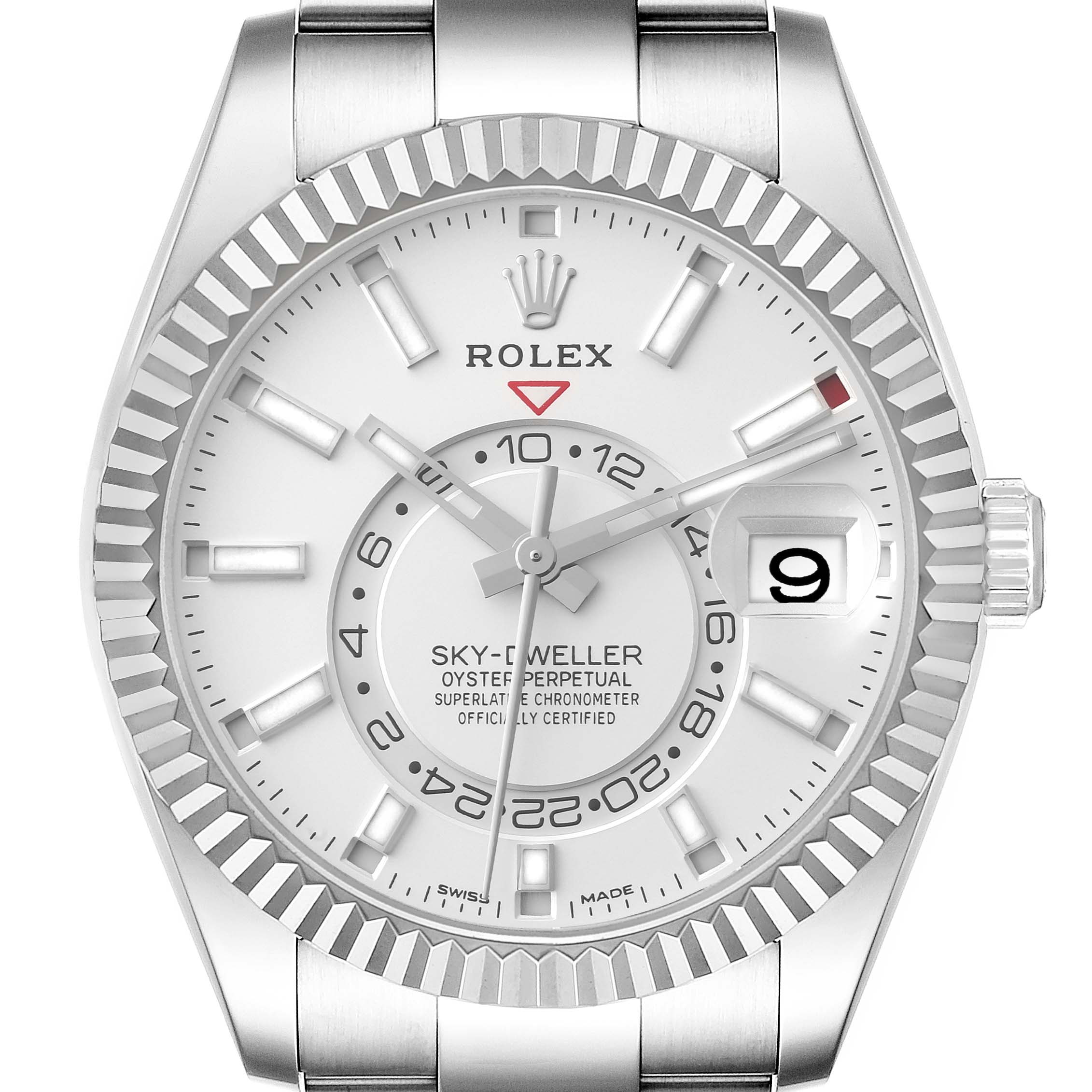 This image shows a front view of the Rolex Sky-Dweller 326934 Men's Stainless Steel White Dial 326934 Men's Stainless Steel White Dial watch, highlighting the dial, bezel, and part of the bracelet.