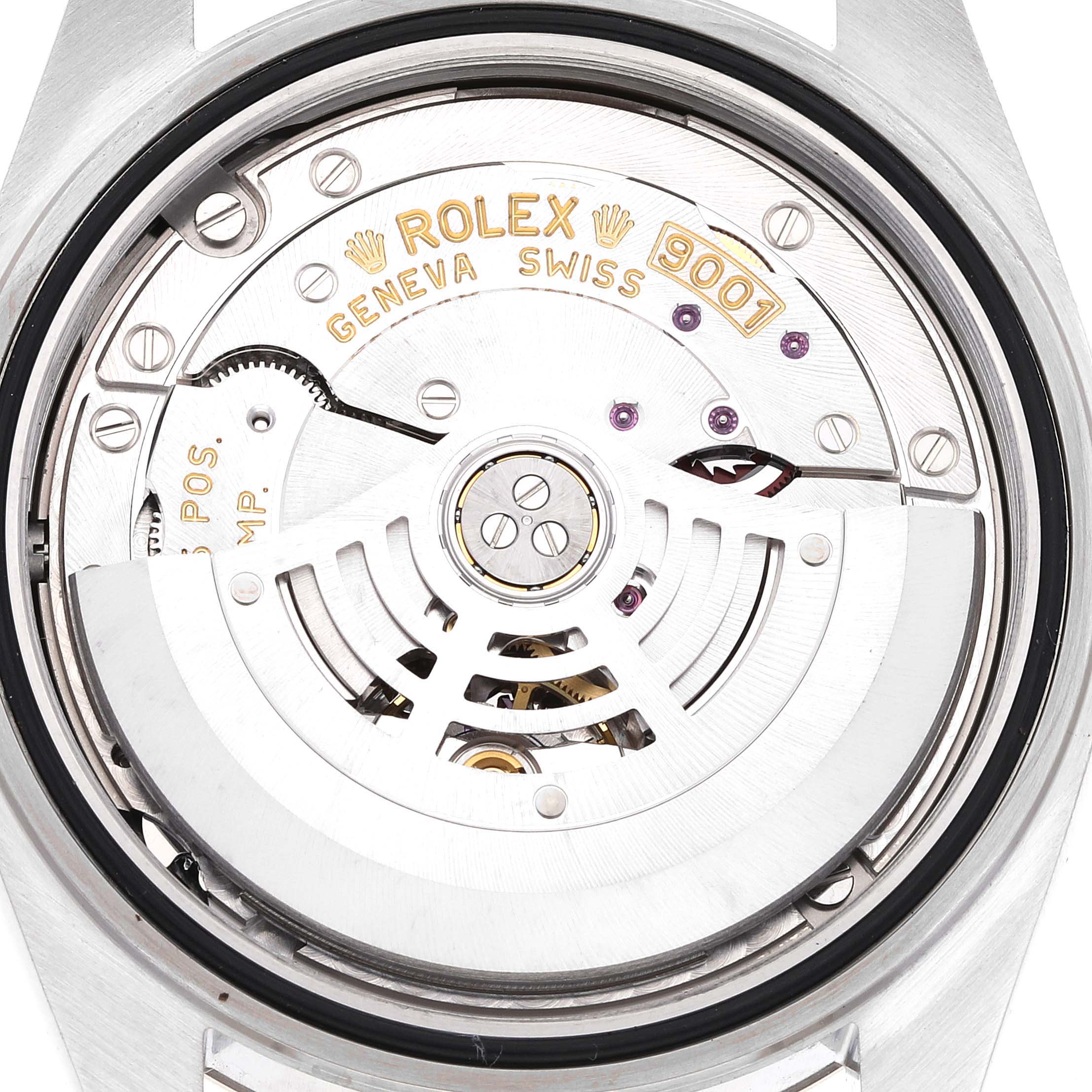 The image shows the inner mechanism of a Rolex Sky-Dweller 326934 Men's Stainless Steel White Dial 326934 Men's Stainless Steel White Dial watch, highlighting the rotor and movement components.