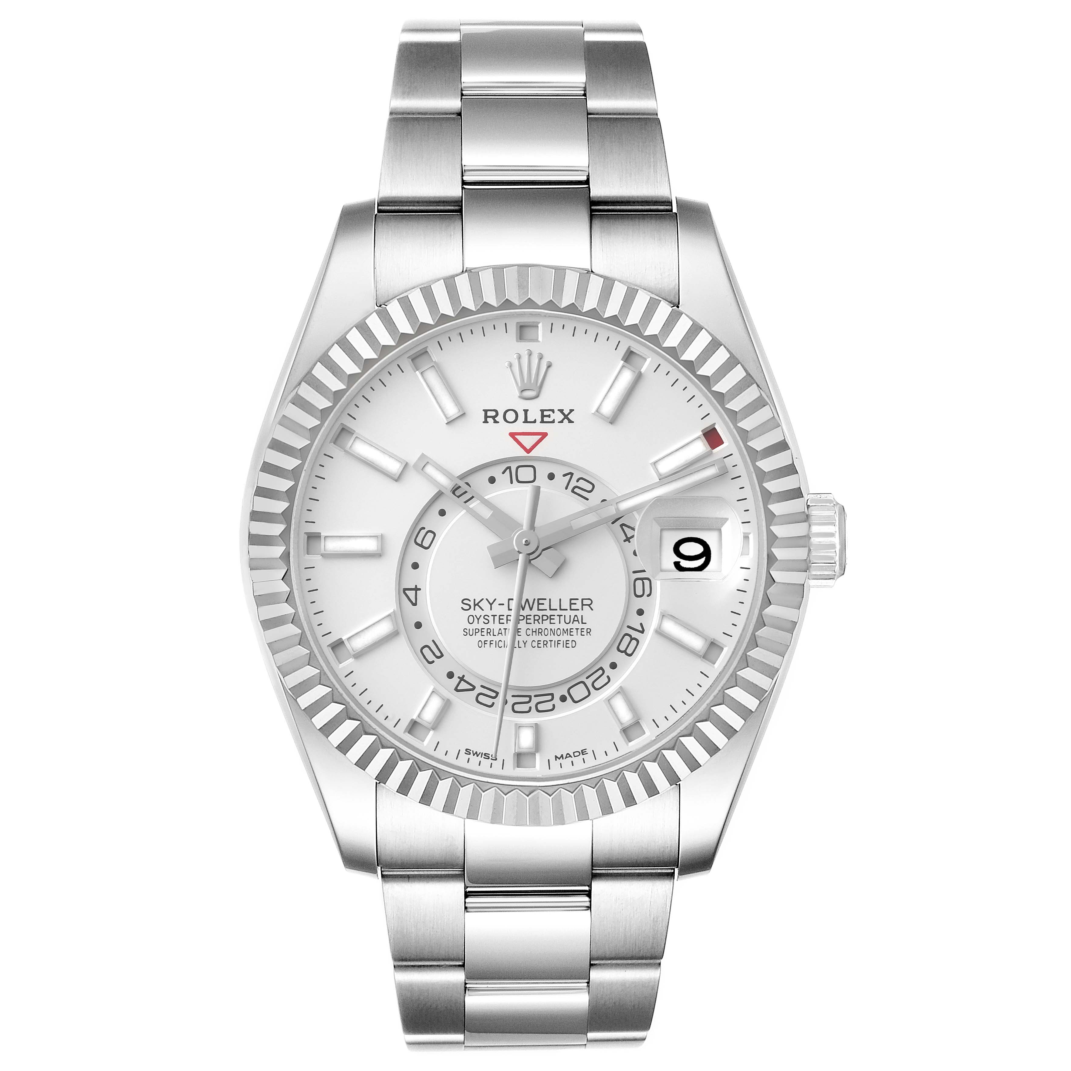 This image shows a front view of the Rolex Sky-Dweller 326934 Men's Stainless Steel White Dial 326934 Men's Stainless Steel White Dial watch, displaying its face and bracelet.