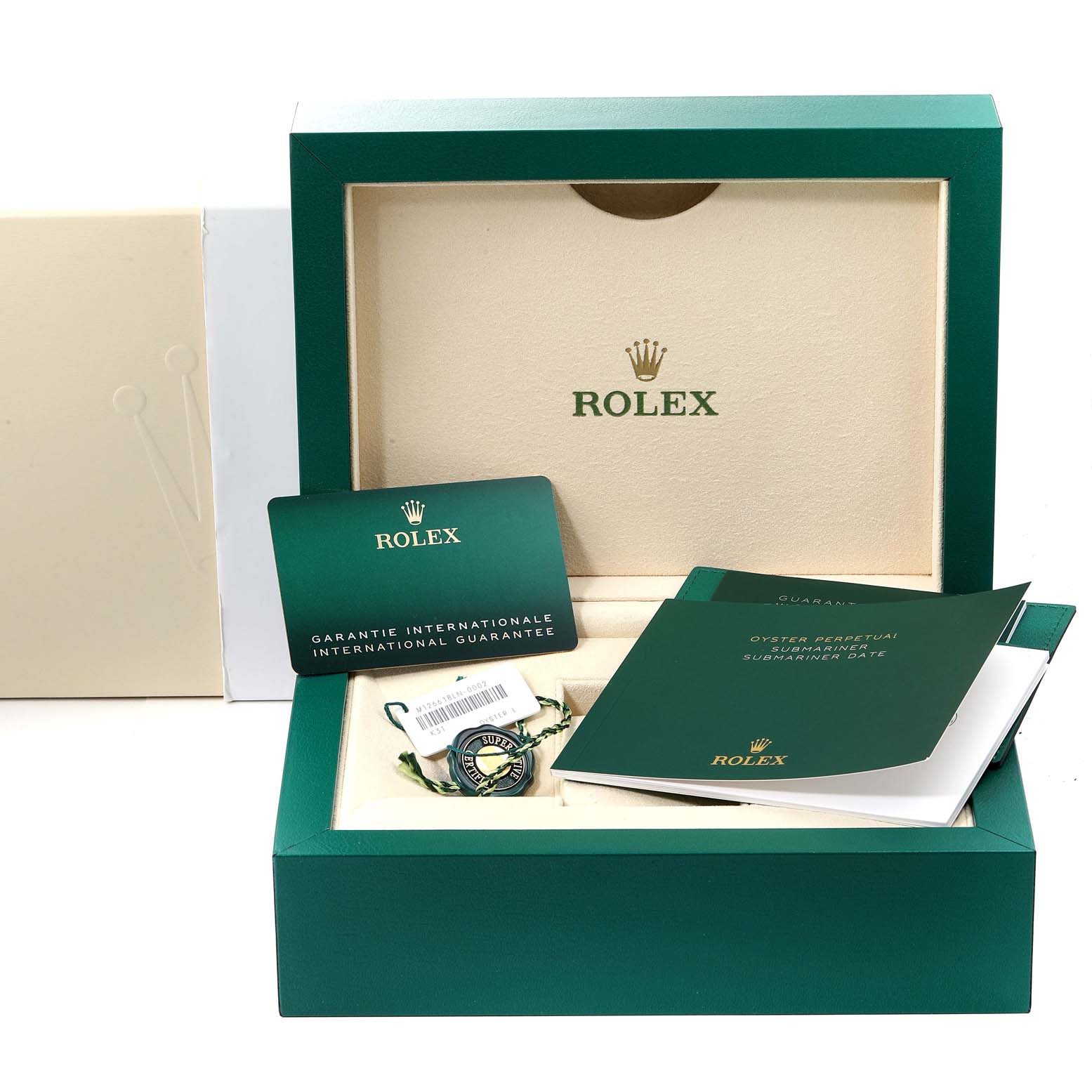 The image shows a Rolex Submariner 126618 Men
s Yellow Gold Black Dial 126618 Men
s Yellow Gold Black Dial watch box set, including the box, warranty cards, booklets, and a tag.