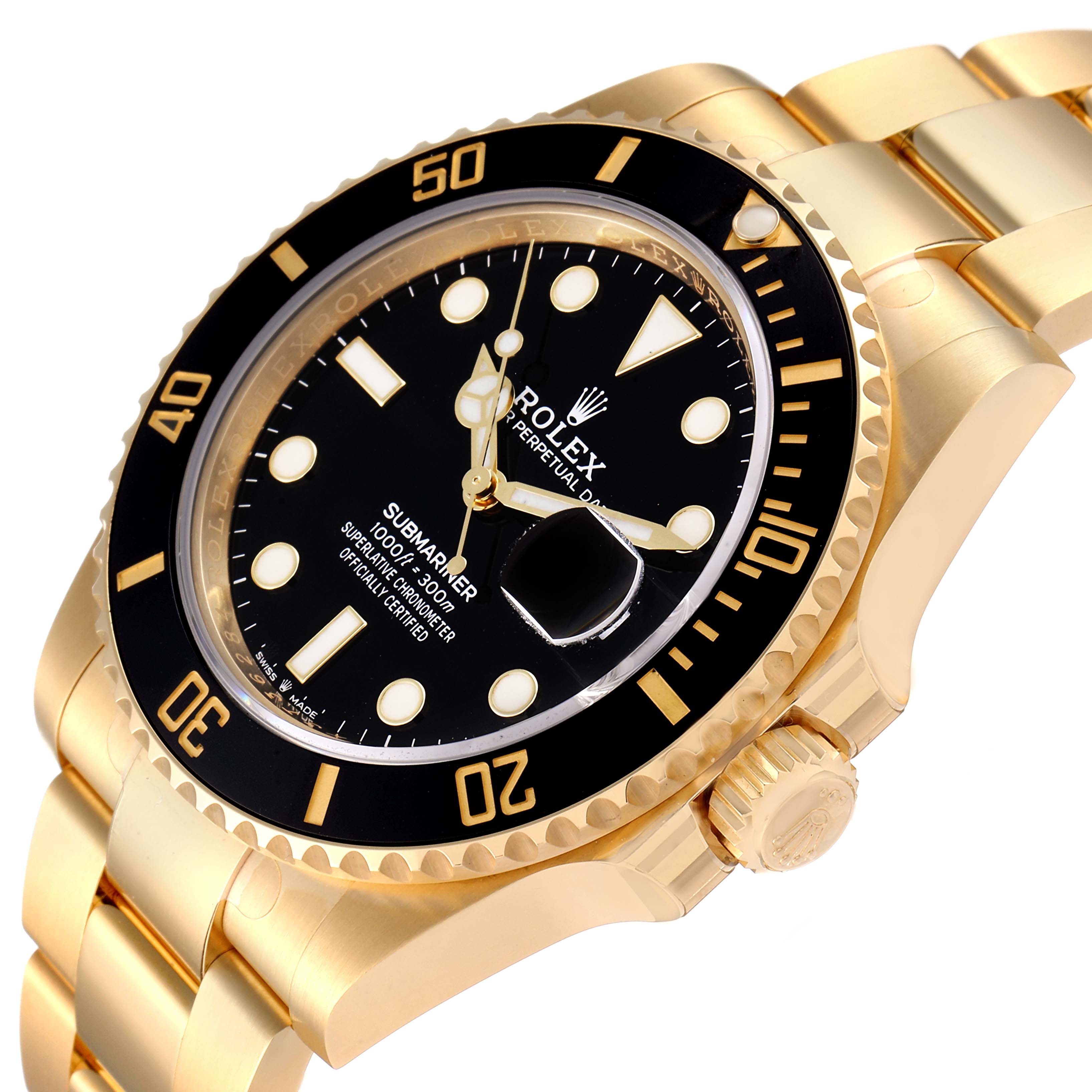 This Rolex Submariner 126618 Men
s Yellow Gold Black Dial 126618 Men
s Yellow Gold Black Dial watch is shown at an angled view highlighting the face, bezel, crown, and part of the bracelet.