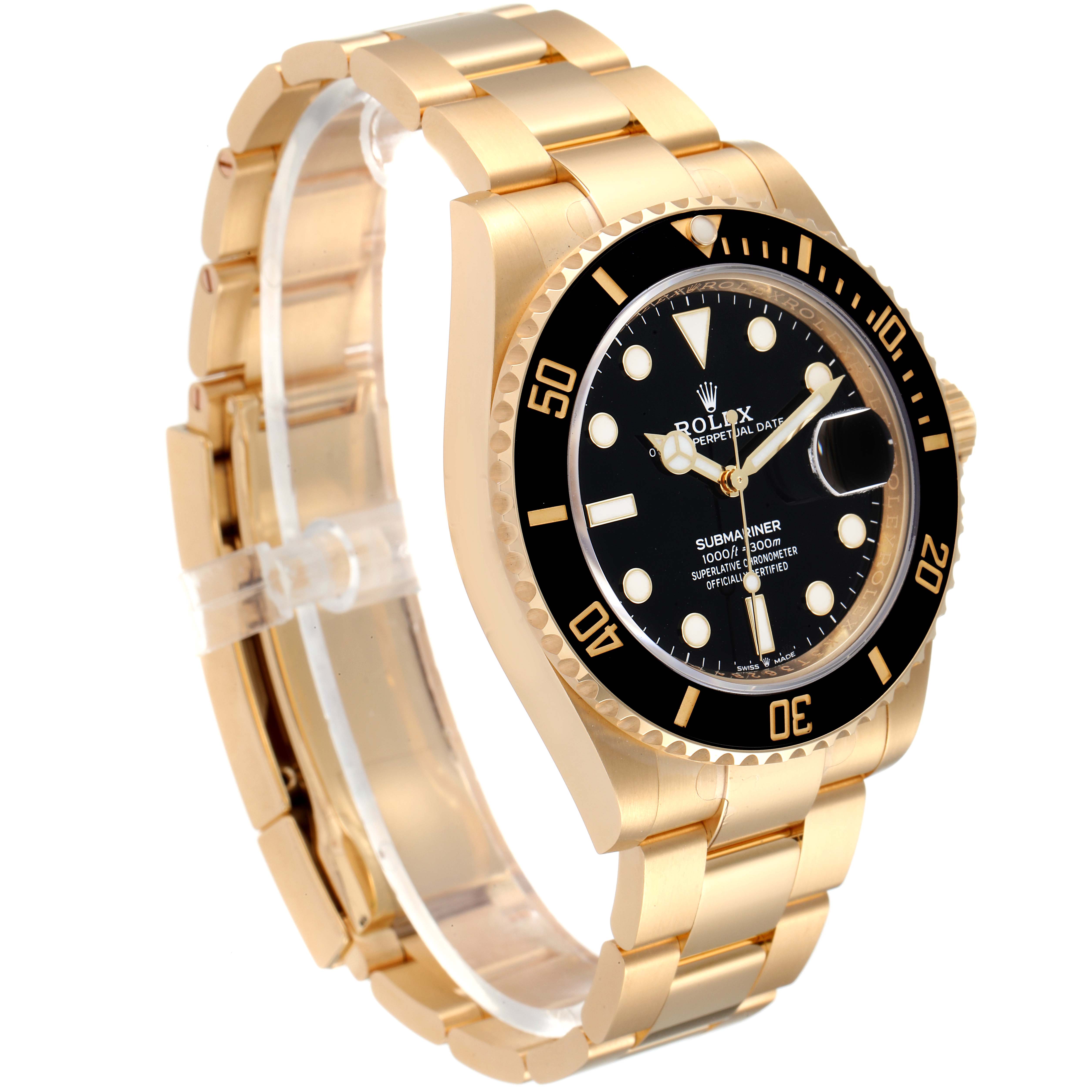 This image shows a Rolex Submariner 126618 Men
s Yellow Gold Black Dial 126618 Men
s Yellow Gold Black Dial watch, focusing on the black dial, bezel, and gold bracelet, taken from a side angle.