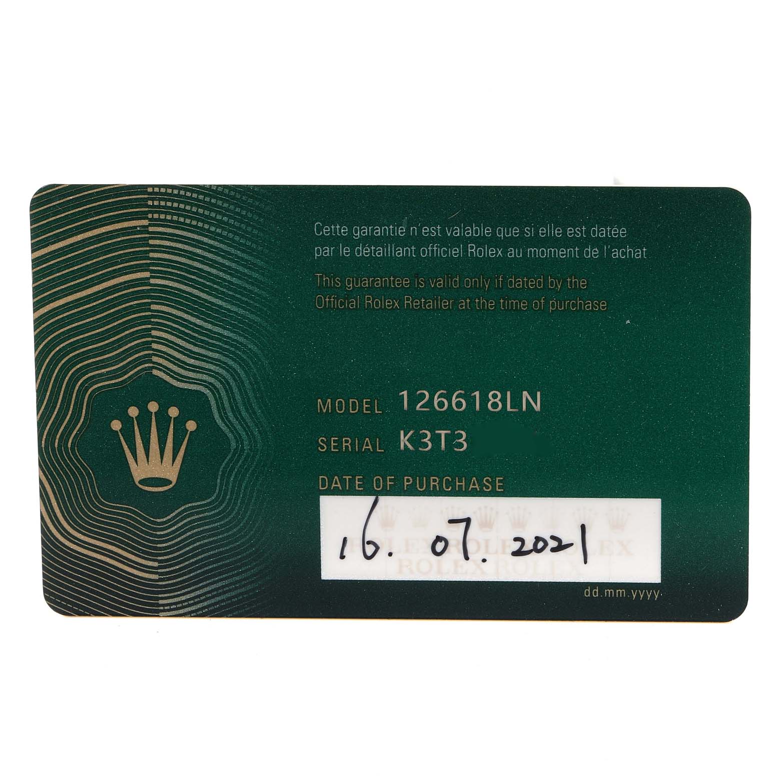 The image shows a warranty card for the Rolex Submariner 126618 Men
s Yellow Gold Black Dial 126618 Men
s Yellow Gold Black Dial model 126618LN, dated 16.07.2021.