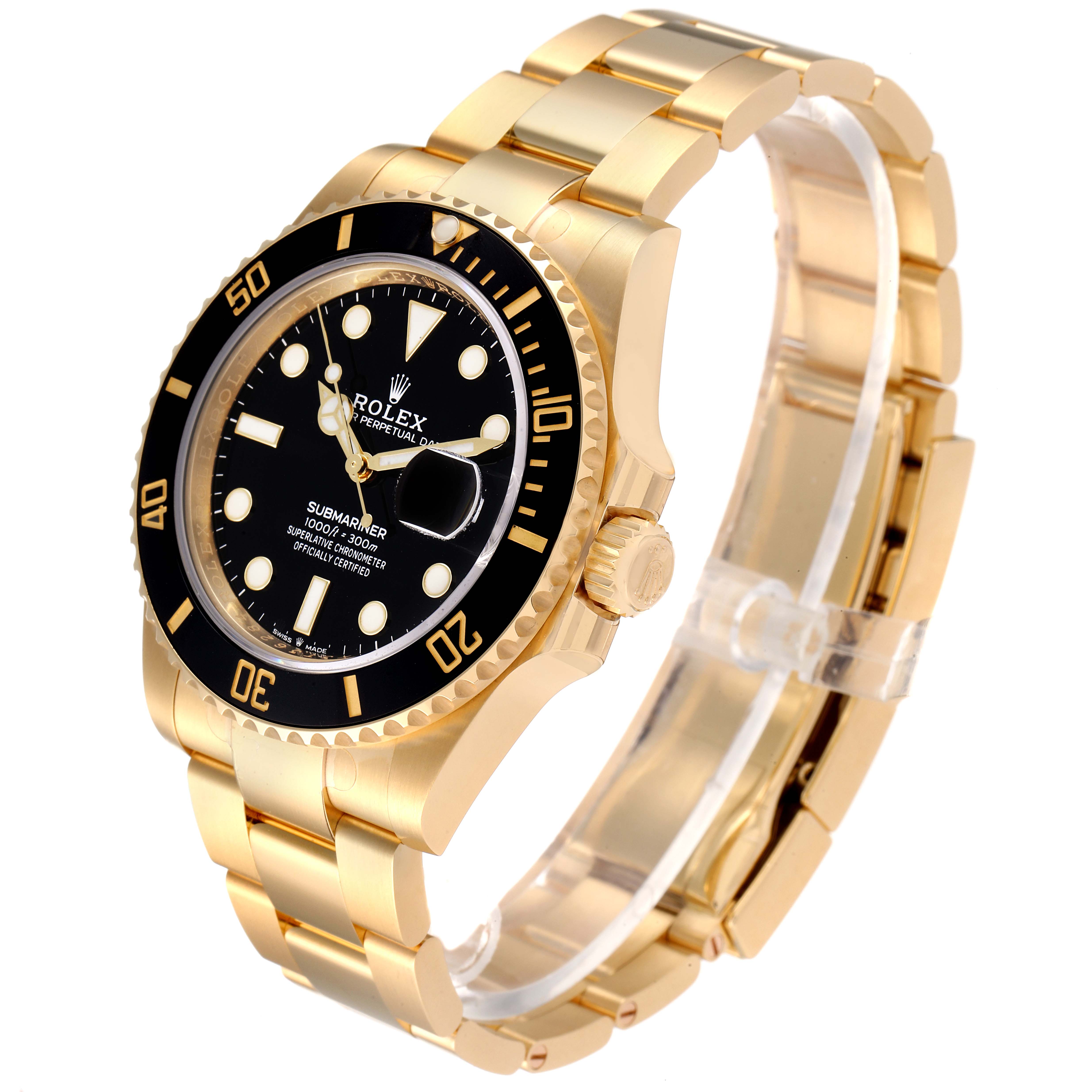 The image shows the Rolex Submariner 126618 Men
s Yellow Gold Black Dial 126618 Men
s Yellow Gold Black Dial watch at a three-quarter angle, highlighting its gold bracelet, black dial, and rotating bezel.