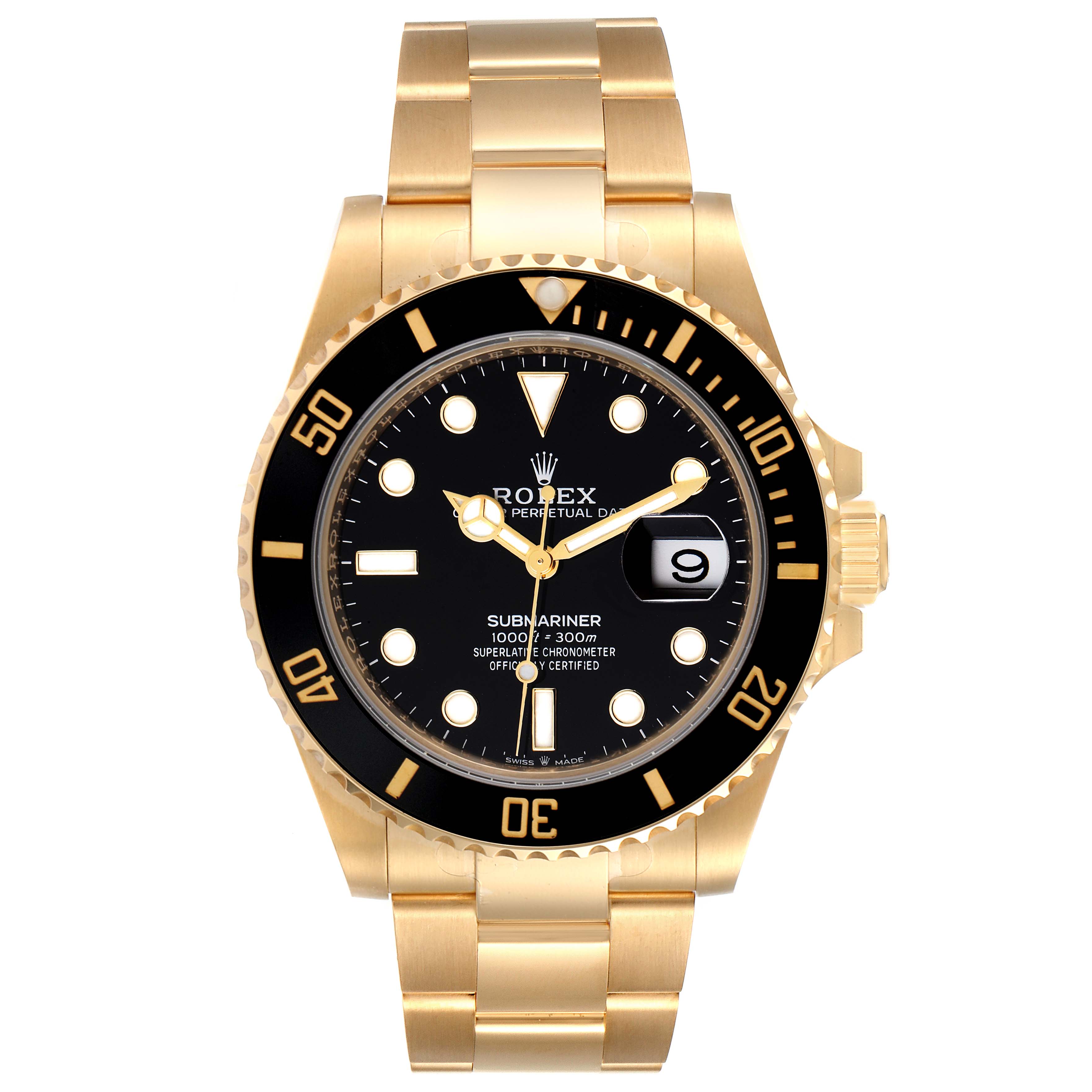 This Rolex Submariner 126618 Men
s Yellow Gold Black Dial 126618 Men
s Yellow Gold Black Dial watch is shown from a front view, displaying its gold bracelet, black dial, and bezel.