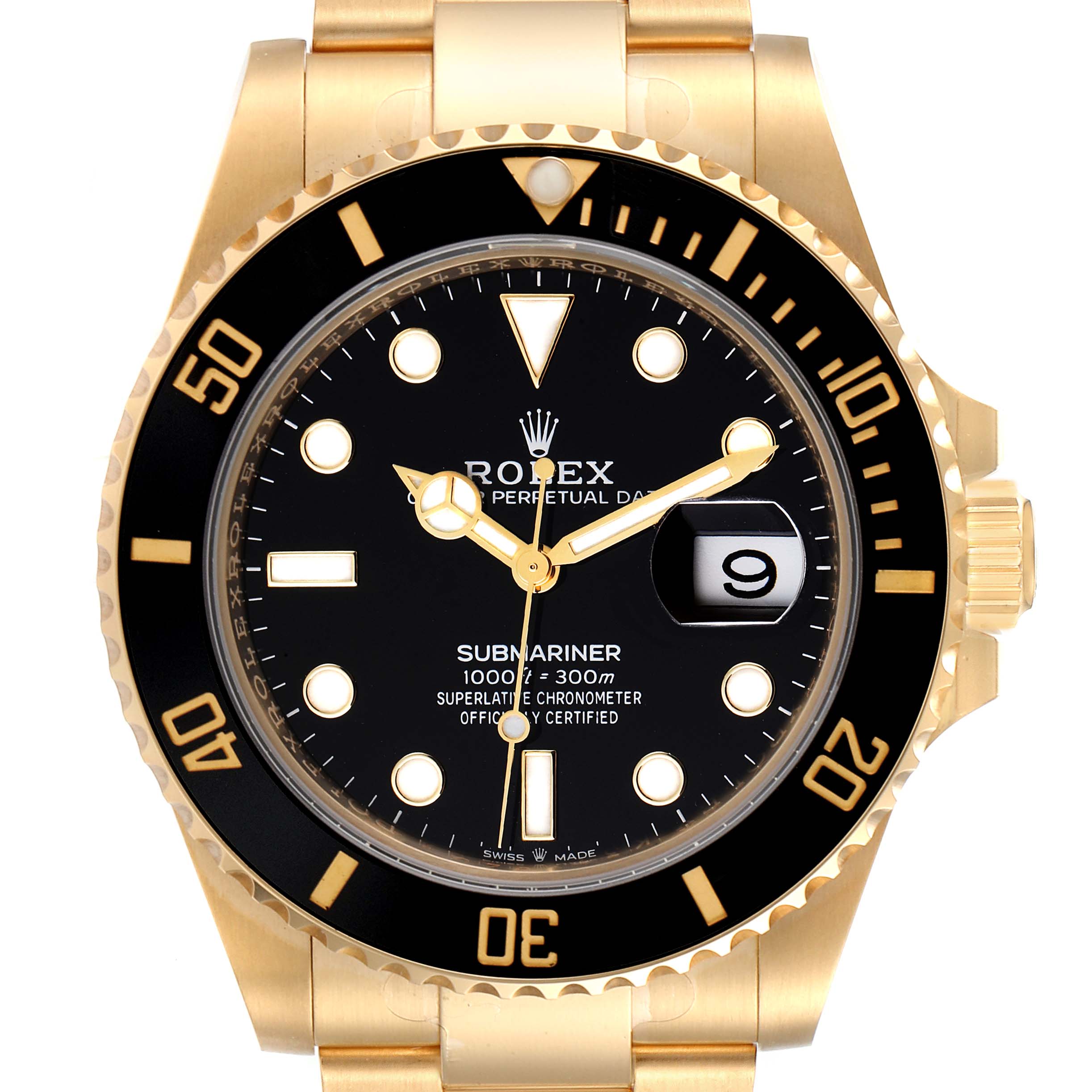 The image shows a front view of the Rolex Submariner 126618 Men
s Yellow Gold Black Dial 126618 Men
s Yellow Gold Black Dial watch, highlighting its gold case, black dial, and date window.