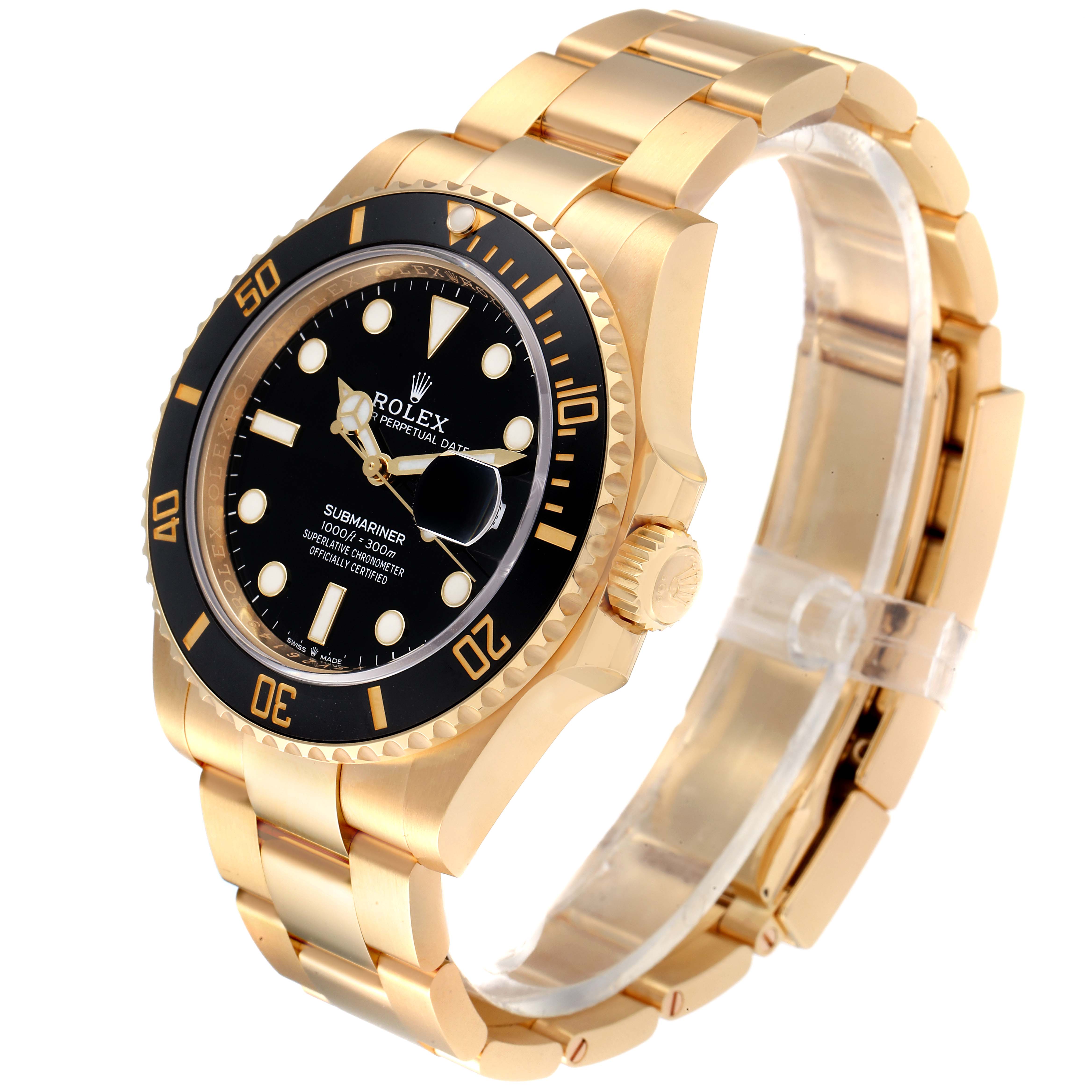 The image shows a full view of the Rolex Submariner 126618 Men's Yellow Gold Black Dial 126618 Men's Yellow Gold Black Dial watch with a black dial, gold bezel, and gold bracelet at a slight angle.