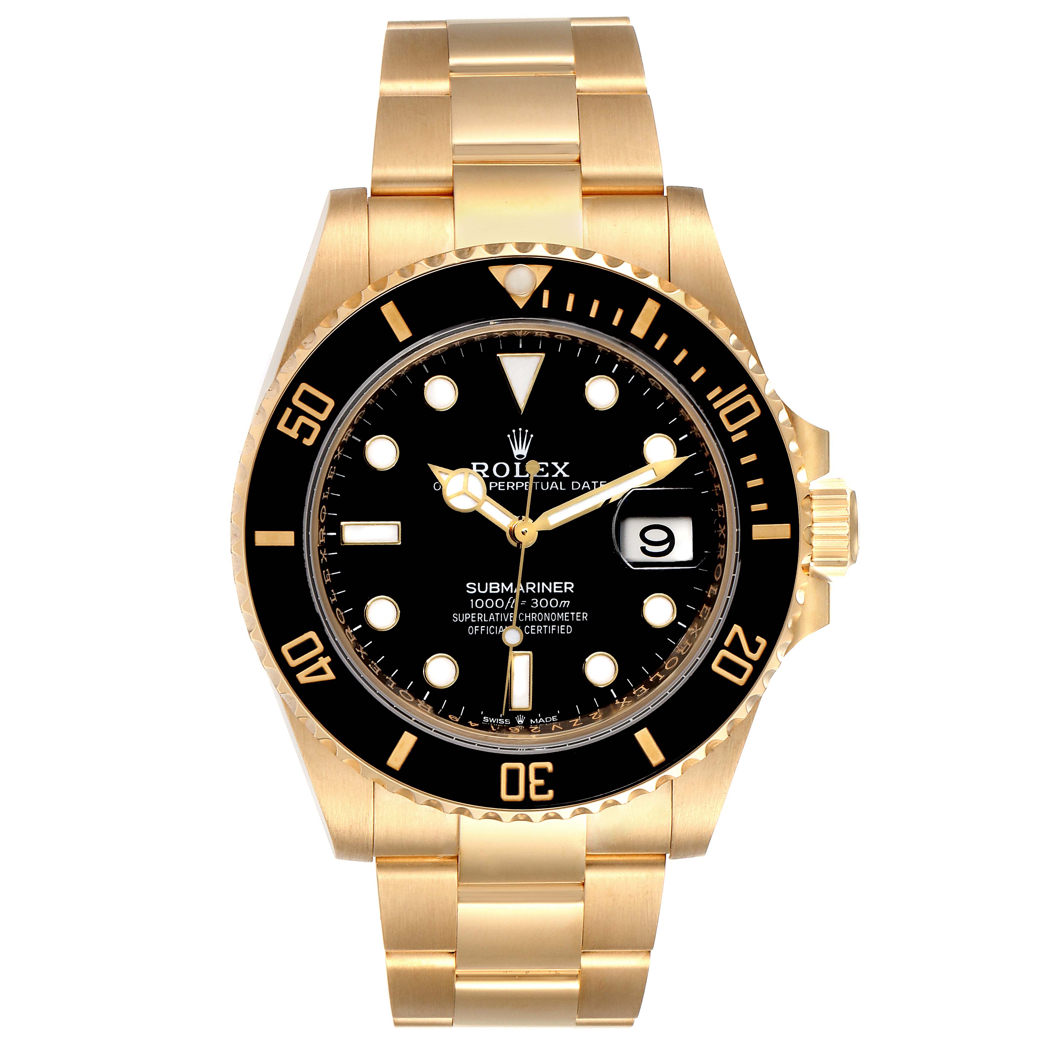 This image shows a Rolex Submariner 126618 Men's Yellow Gold Black Dial 126618 Men's Yellow Gold Black Dial watch from the front, highlighting its gold band, black dial, bezel, and date window.