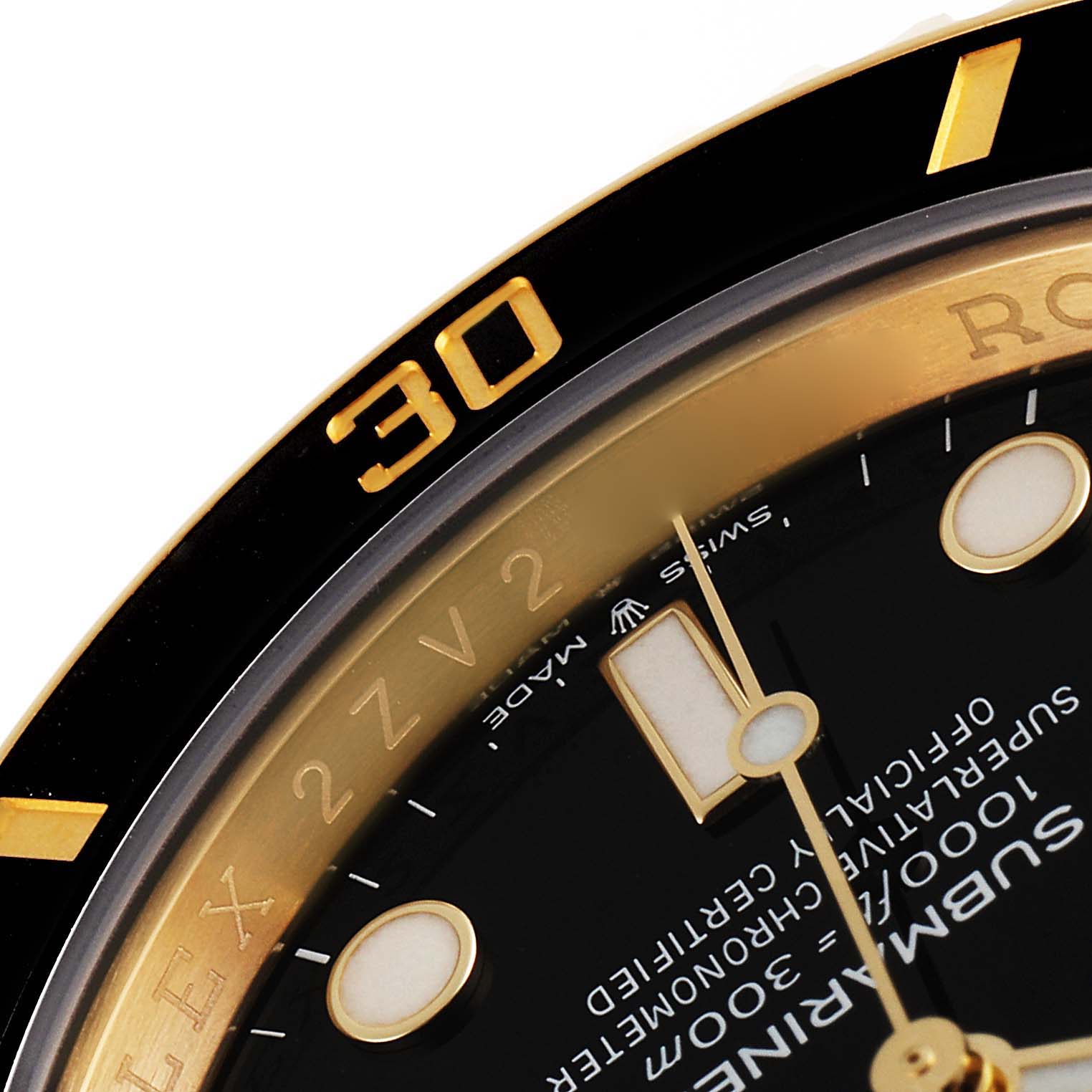 This close-up image shows the face and bezel of a Rolex Submariner 126618 Men's Yellow Gold Black Dial 126618 Men's Yellow Gold Black Dial watch, highlighting the hour markers and minute hand.
