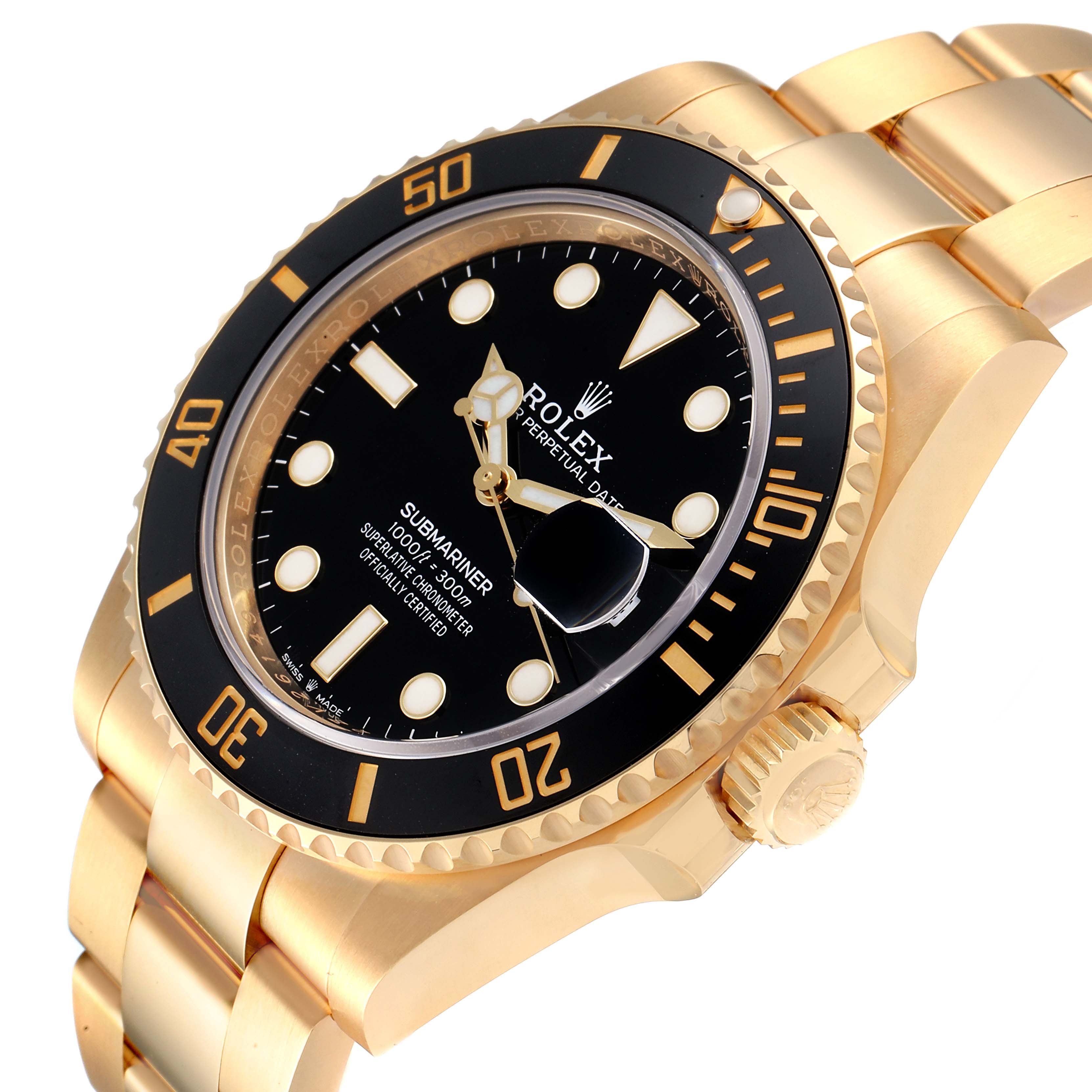 The image displays a Rolex Submariner 126618 Men's Yellow Gold Black Dial 126618 Men's Yellow Gold Black Dial watch at an angled close-up, highlighting the black dial, bezel, and part of the gold bracelet.