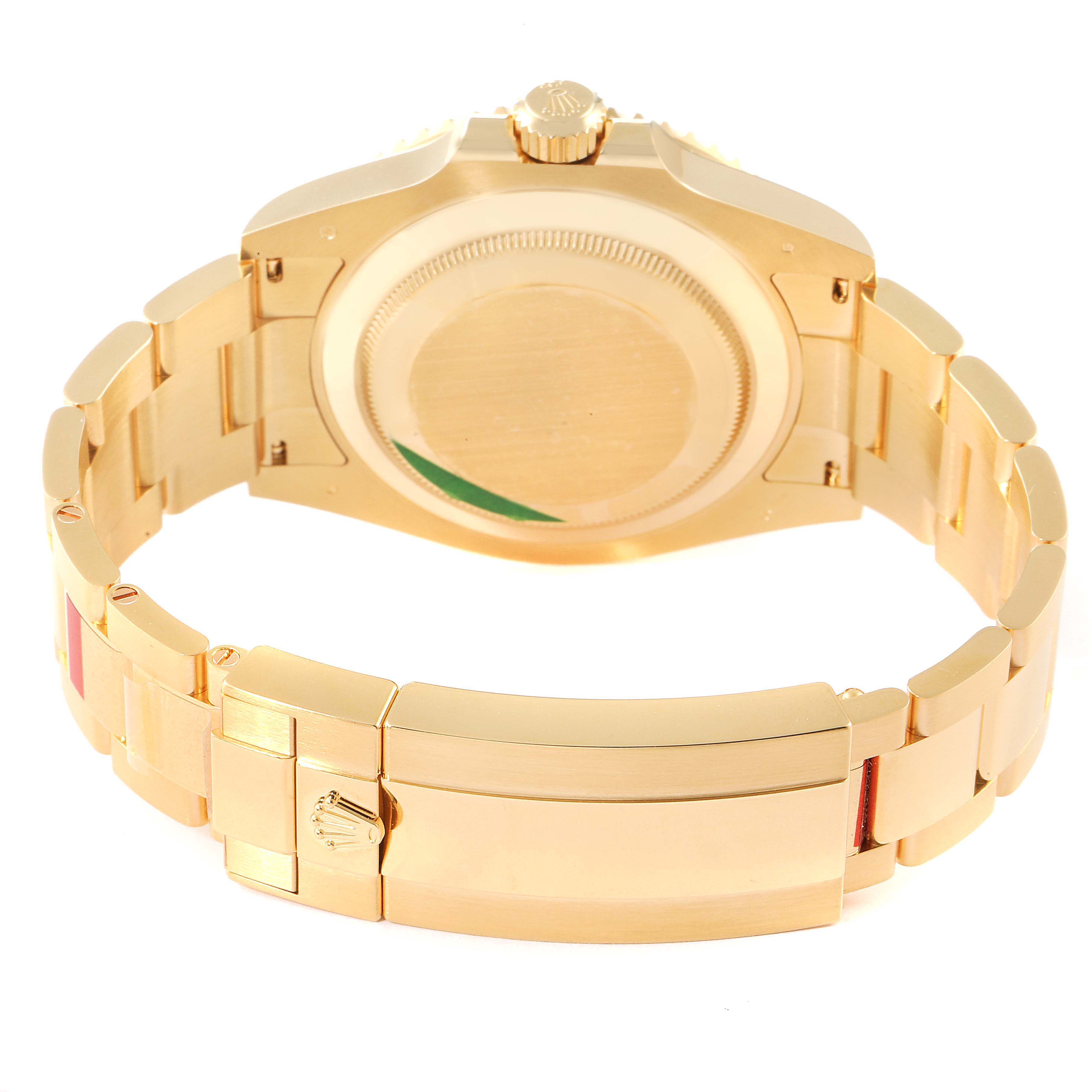 This image shows the back and clasp of a Rolex Submariner 126618 Men's Yellow Gold Black Dial 126618 Men's Yellow Gold Black Dial, highlighting its gold bracelet and case back.