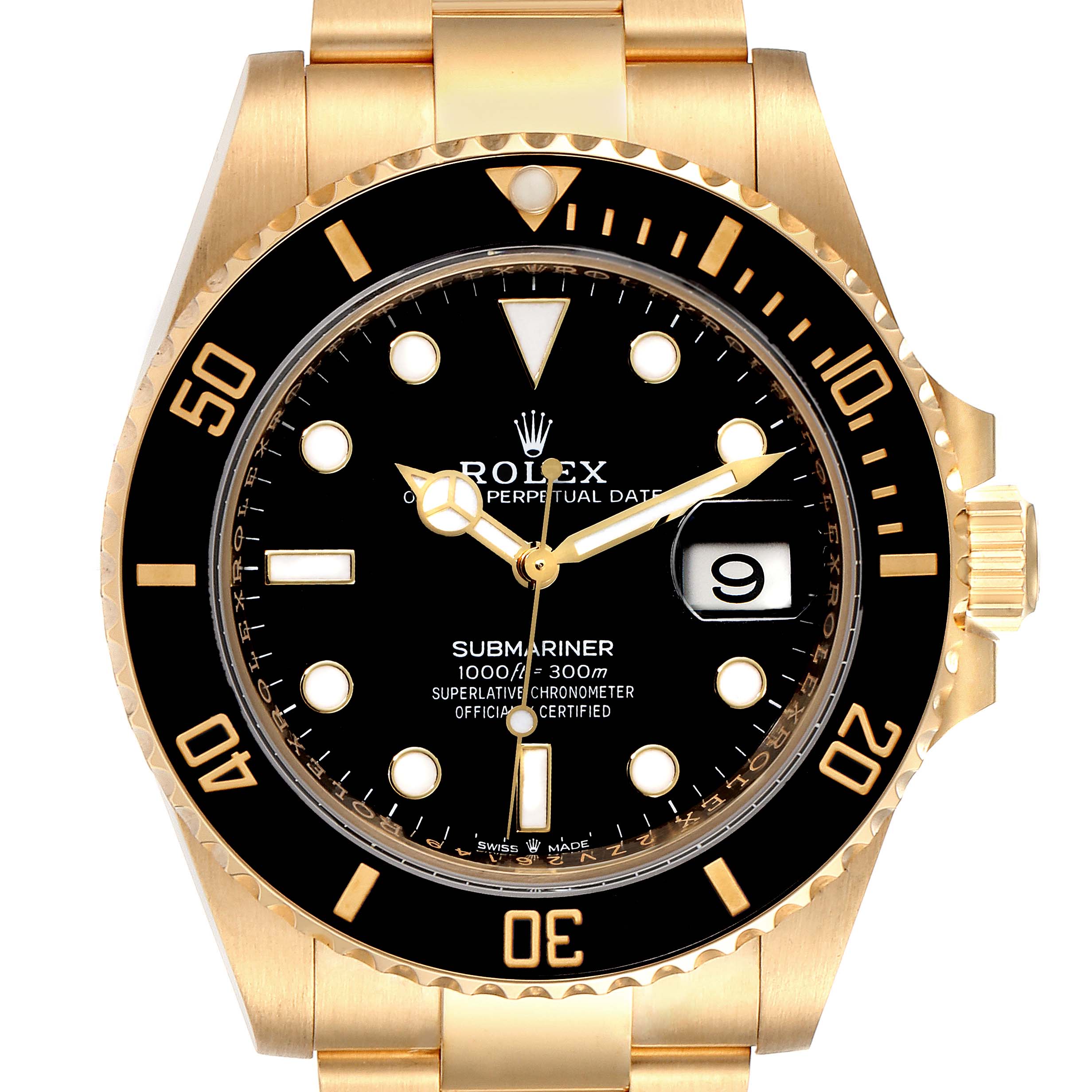 The image shows a front view of a Rolex Submariner 126618 Men's Yellow Gold Black Dial 126618 Men's Yellow Gold Black Dial watch, displaying the dial, bezel, and part of the bracelet.