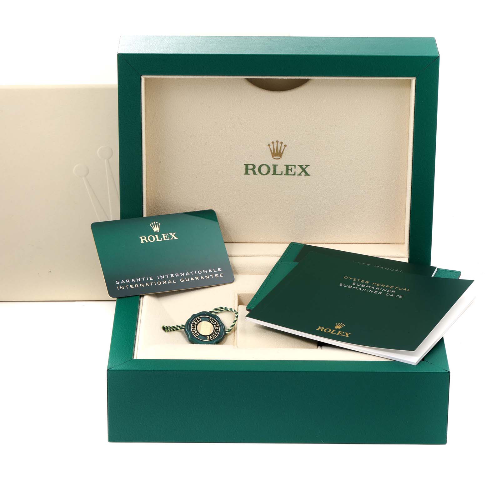 The image shows the accessories for a Rolex Submariner 126618 Men's Yellow Gold Black Dial 126618 Men's Yellow Gold Black Dial watch, including the box, warranty card, manuals, and tag.