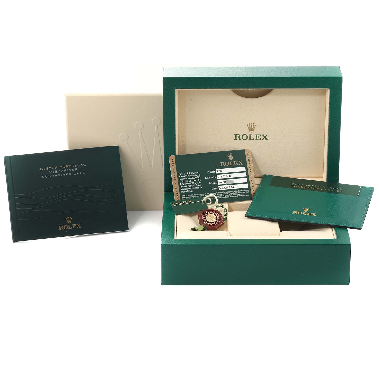 The image shows a Rolex Submariner 116610 Men's Stainless Steel Black Dial 116610 Men's Stainless Steel Black Dial packaging with its warranty card, manual, tags, and an open green box from a front angle.