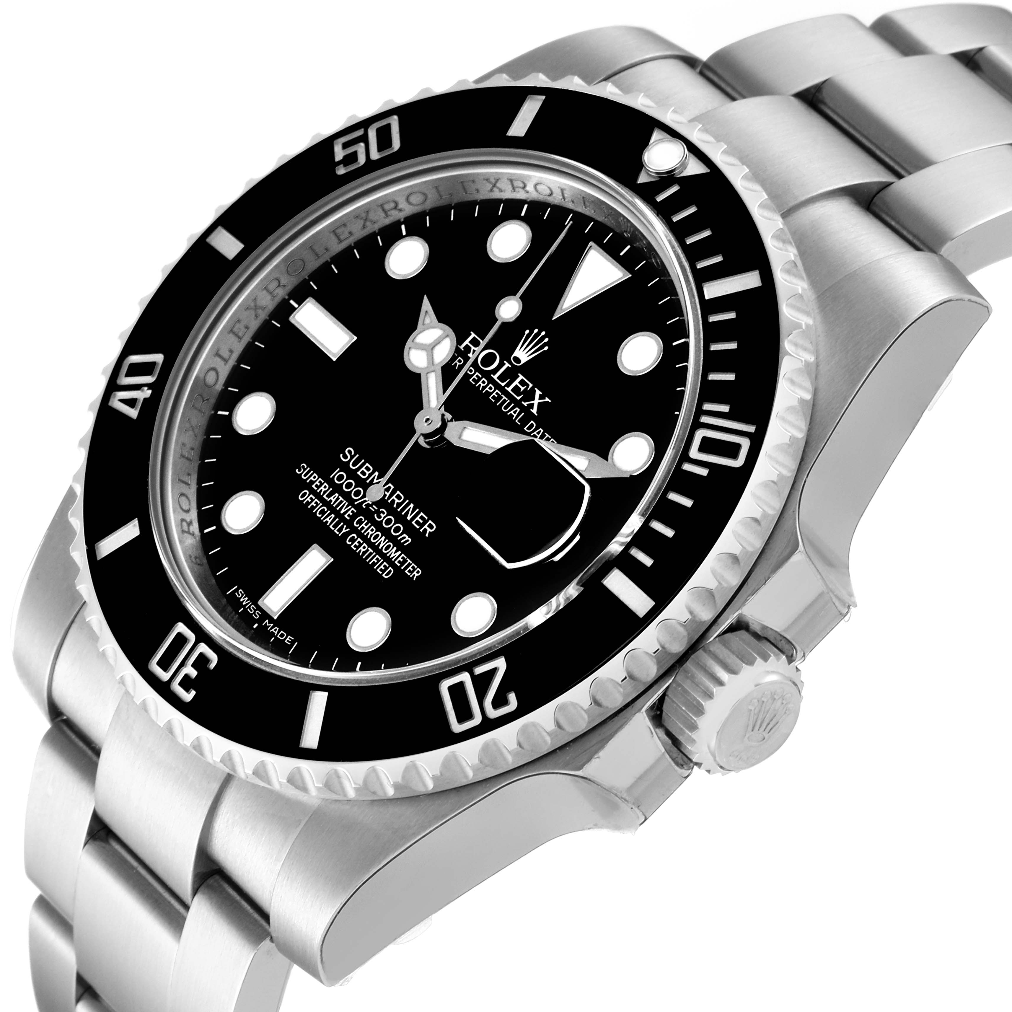The image shows a side angle of the Rolex Submariner 116610 Men's Stainless Steel Black Dial 116610 Men's Stainless Steel Black Dial watch, highlighting its dial, bezel, crown, and bracelet.