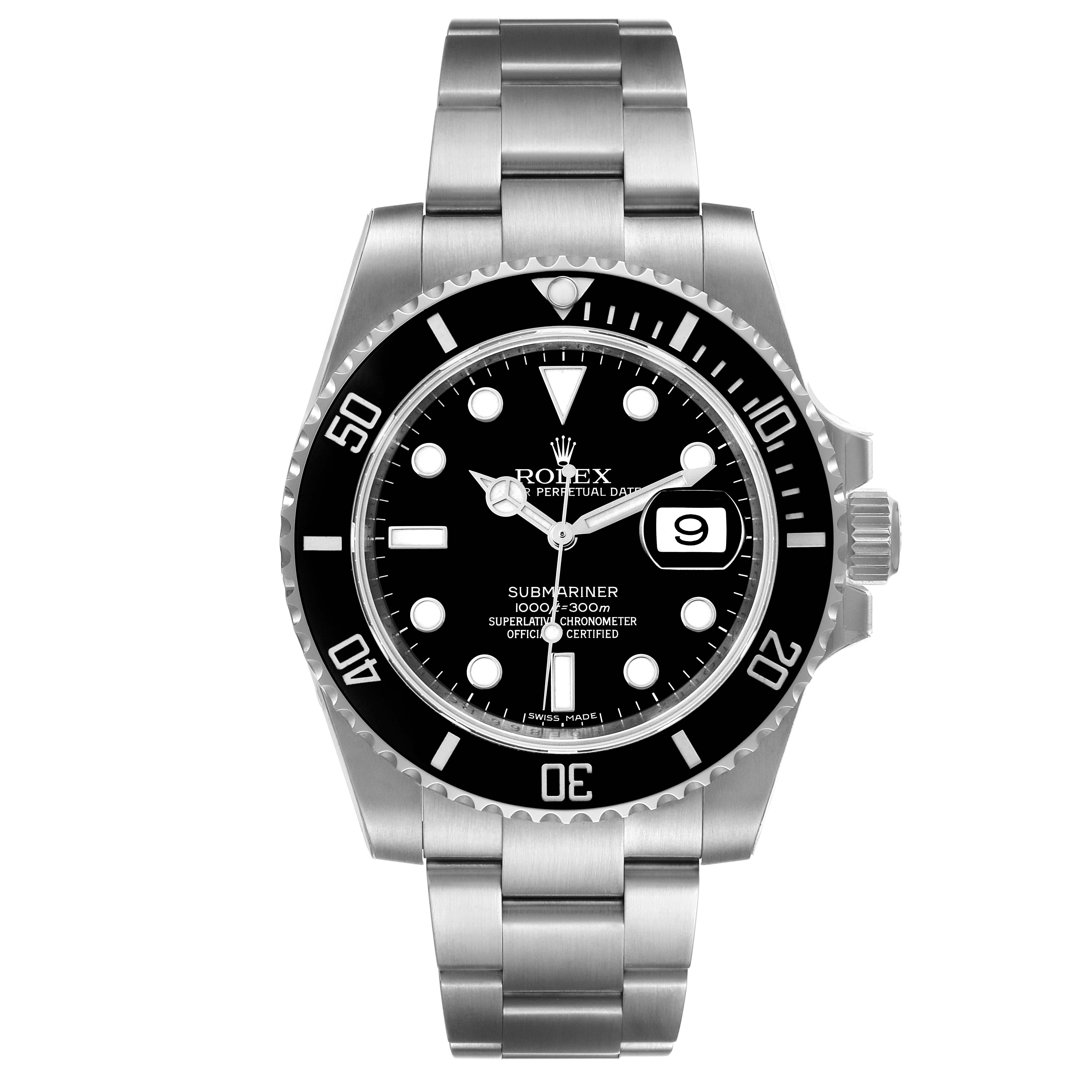 The image shows a front view of the Rolex Submariner 116610 Men's Stainless Steel Black Dial 116610 Men's Stainless Steel Black Dial watch, highlighting its dial, bezel, and bracelet.