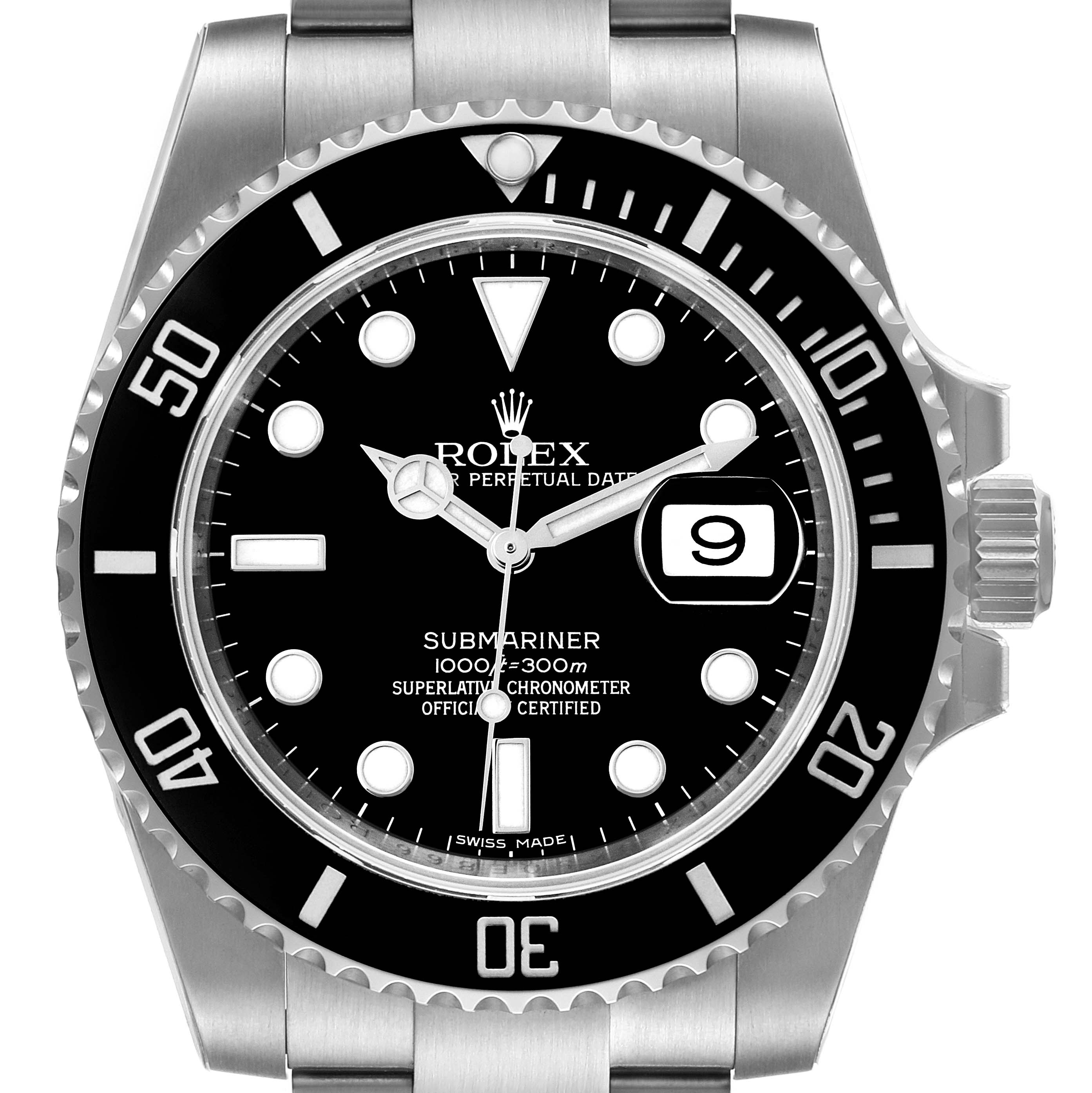 This image shows a front view of the Rolex Submariner 116610 Men's Stainless Steel Black Dial 116610 Men's Stainless Steel Black Dial watch, highlighting its bezel, dial, hands, date window, and bracelet.