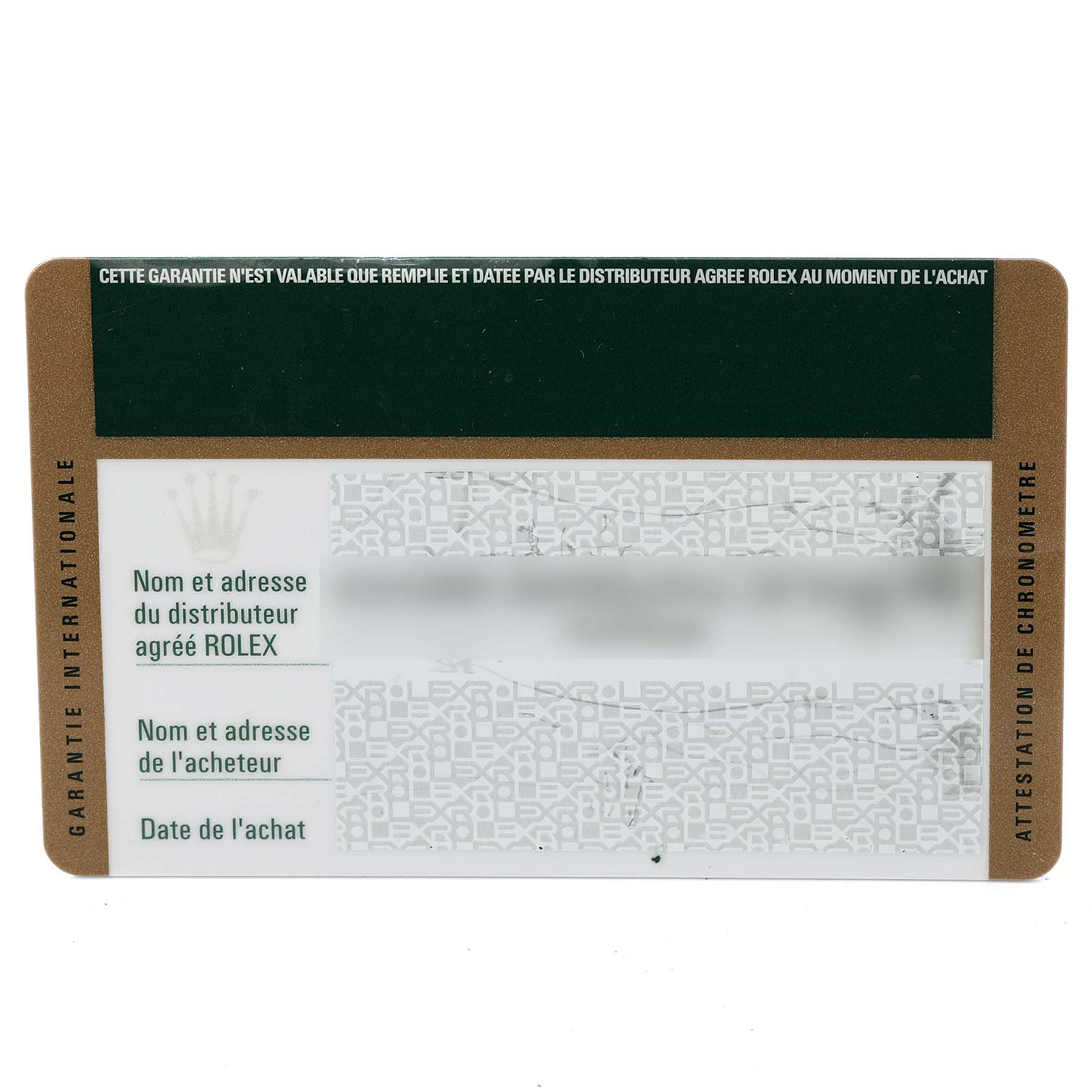 The image displays a warranty card for a Rolex Submariner 116610 Men's Stainless Steel Black Dial 116610 Men's Stainless Steel Black Dial, showing fields for distributor and buyer information.