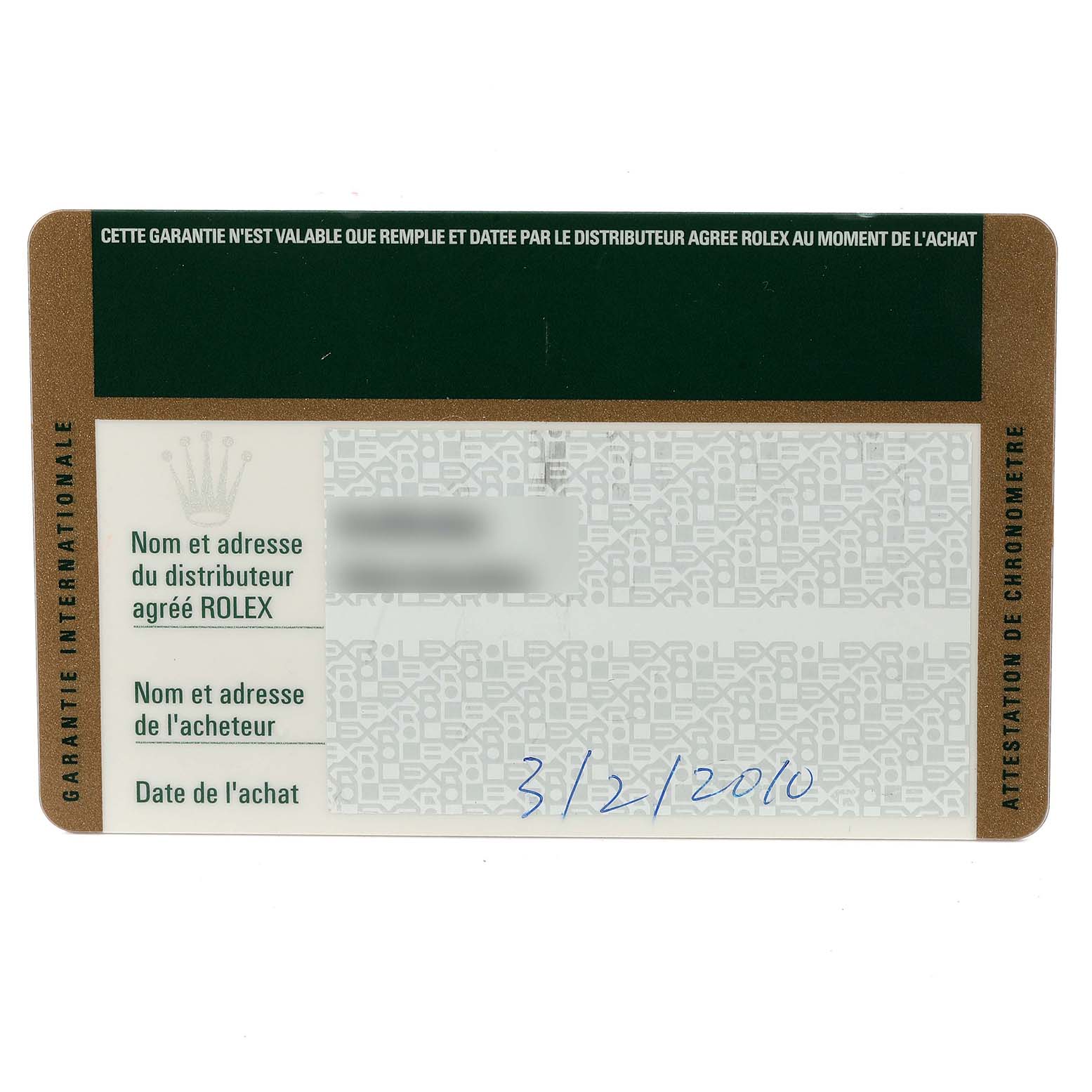 This image shows a registration or warranty card for a Rolex Submariner 16613 Men's Steel and Gold (two tone) Blue Dial 16613 Men's Steel and Gold (two tone) Blue Dial model.