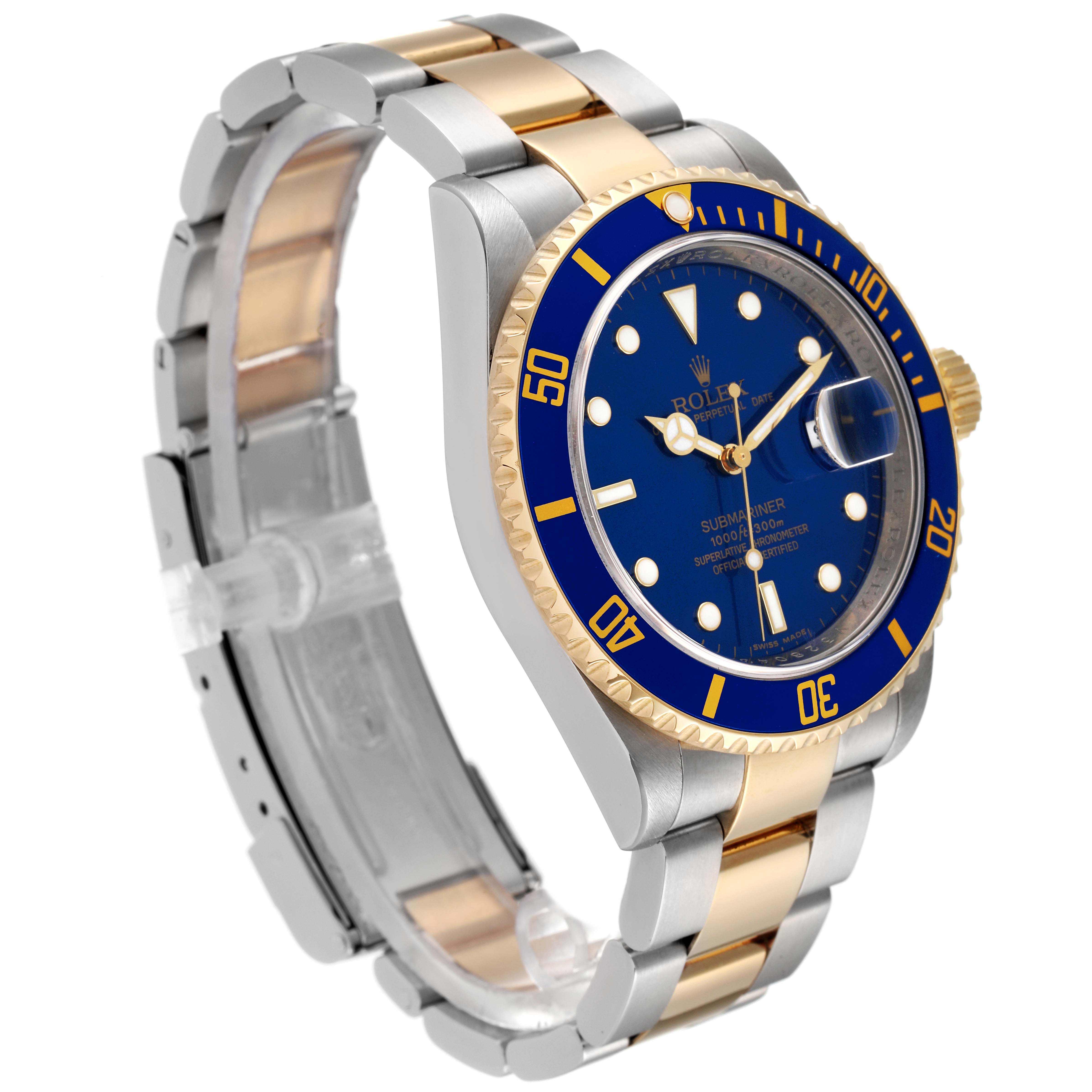 The Rolex Submariner 16613 Men's Steel and Gold (two tone) Blue Dial 16613 Men's Steel and Gold (two tone) Blue Dial watch is shown at a three-quarter angle, highlighting its blue dial, two-tone bracelet, and rotating bezel.
