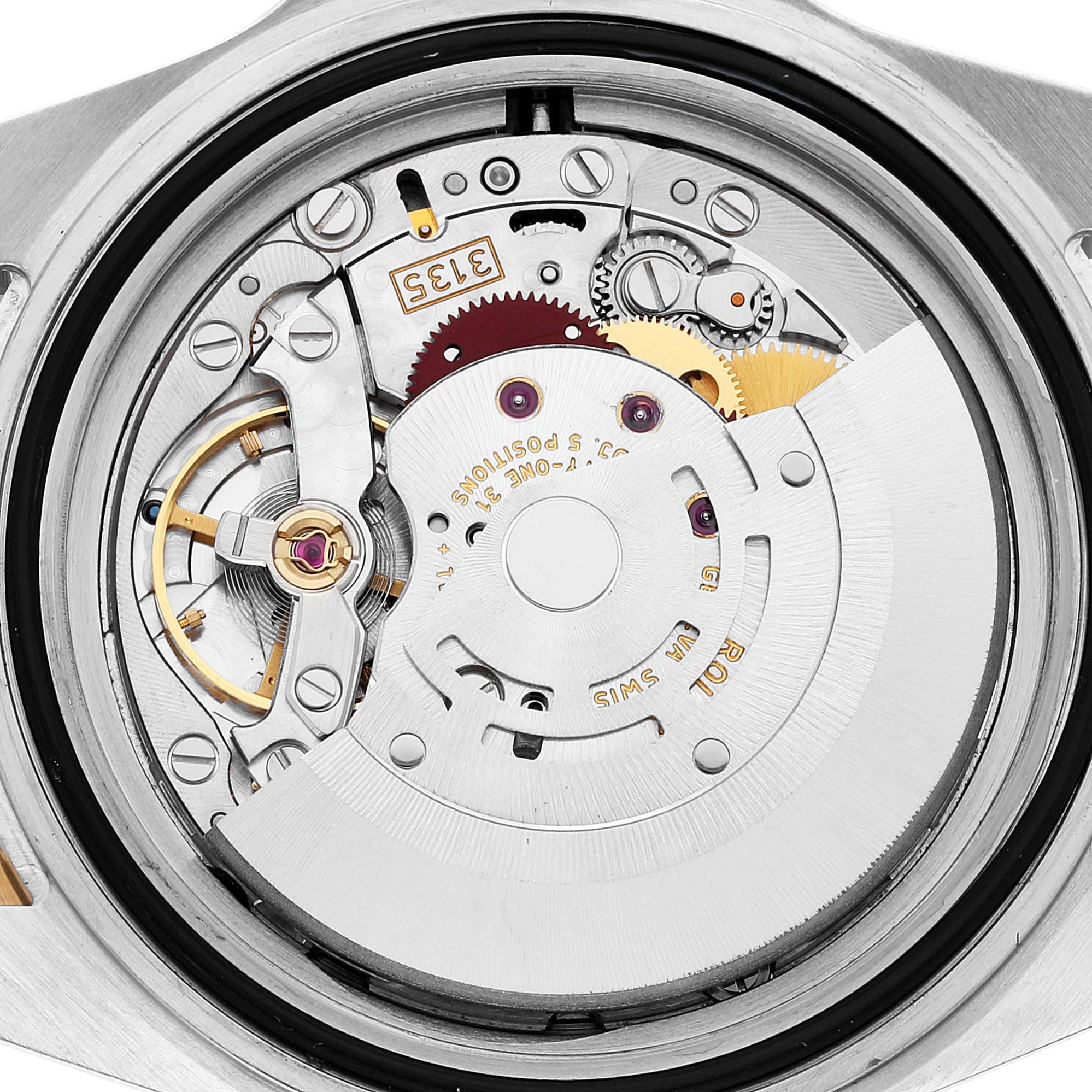 This image shows the internal mechanism and movement components of a Rolex Submariner 16613 Men's Steel and Gold (two tone) Blue Dial 16613 Men's Steel and Gold (two tone) Blue Dial watch.