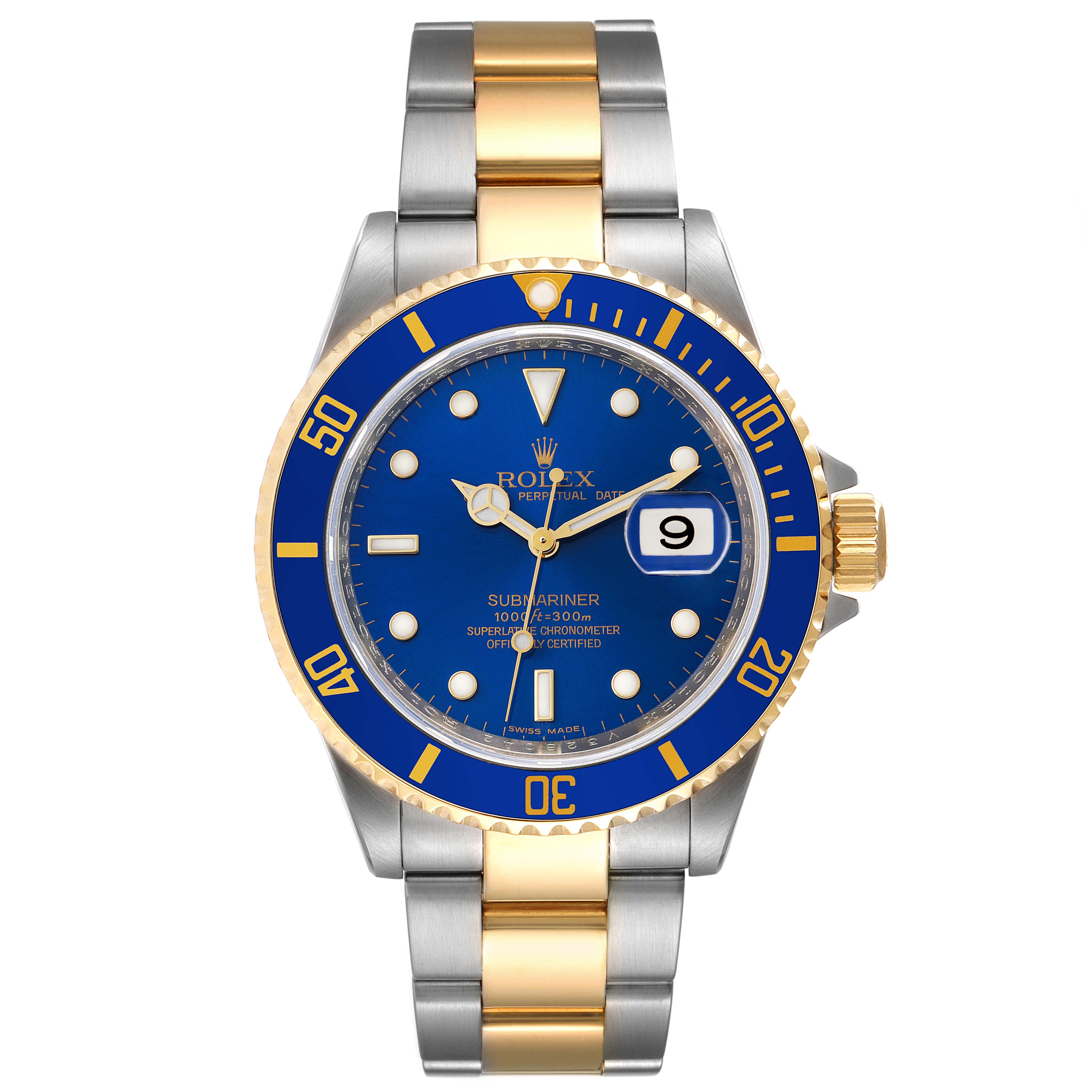 This image shows a front view of the Rolex Submariner 16613 Men's Steel and Gold (two tone) Blue Dial 16613 Men's Steel and Gold (two tone) Blue Dial watch, featuring its blue dial, date window, and two-tone bracelet.